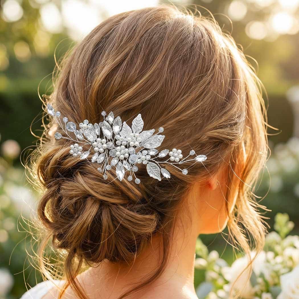 Unsutuo Silver Rhinestone Hair Combs Pearl Flower Headpieces Leaves Weddinig Hair Accessories for Women and Girls (Silver)
