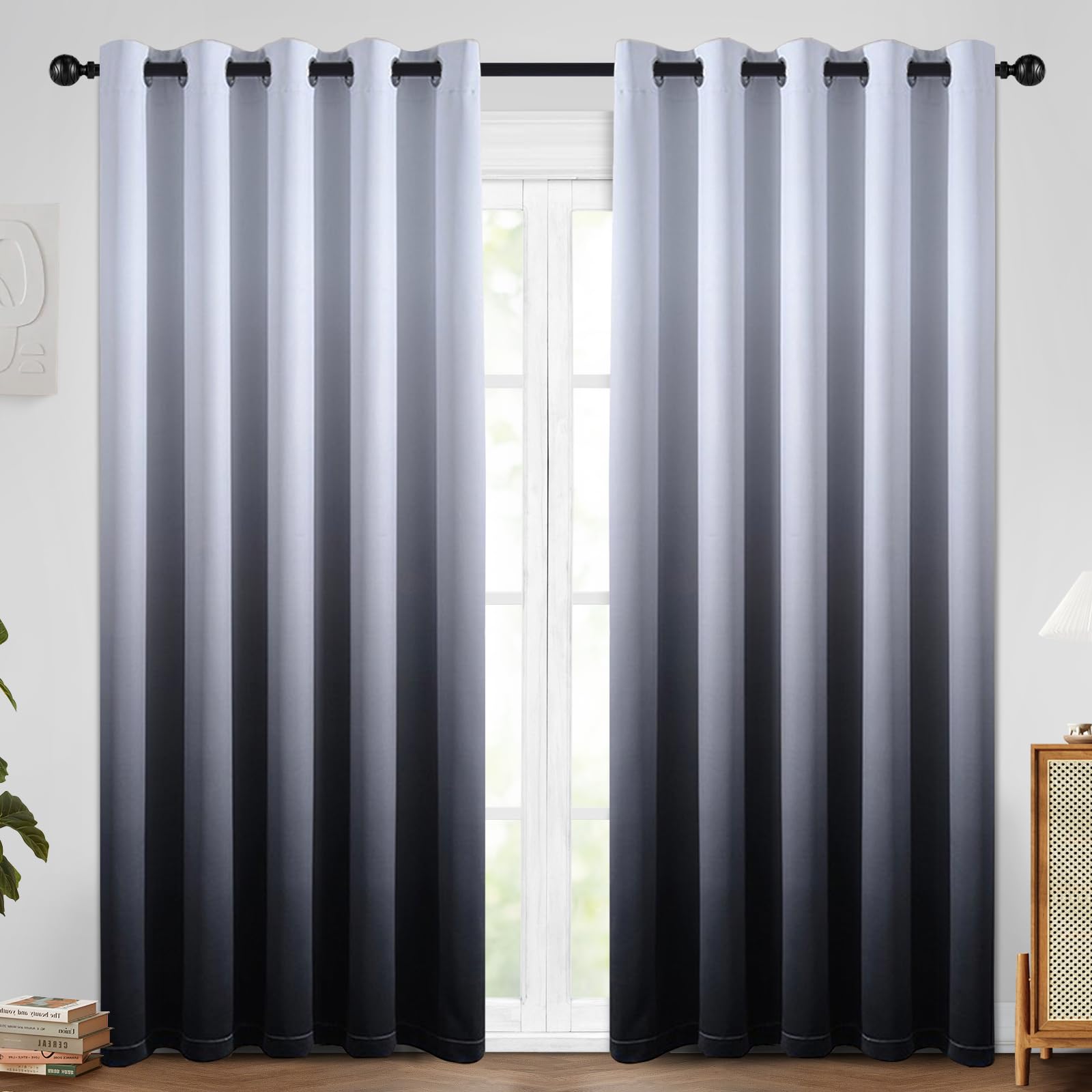 SimpleHome Gradient Color Ombre Room Darkening Curtains Blackout Black Thermal Insulated Grommet Panels Grommet Window Drapes for Living Room/Bedroom, Black,62x84 inches — image 1