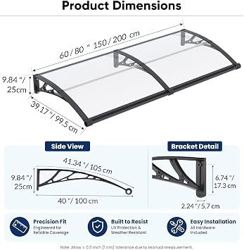 Door Canopy Outdoor Awning with Drainage,200x100 cm Polycarbonate Rain Shelter with ABS Brackets,Polycarbonate Sheet,UV,Snow Protection for Porch,Front Door, Patio, Window, Deck