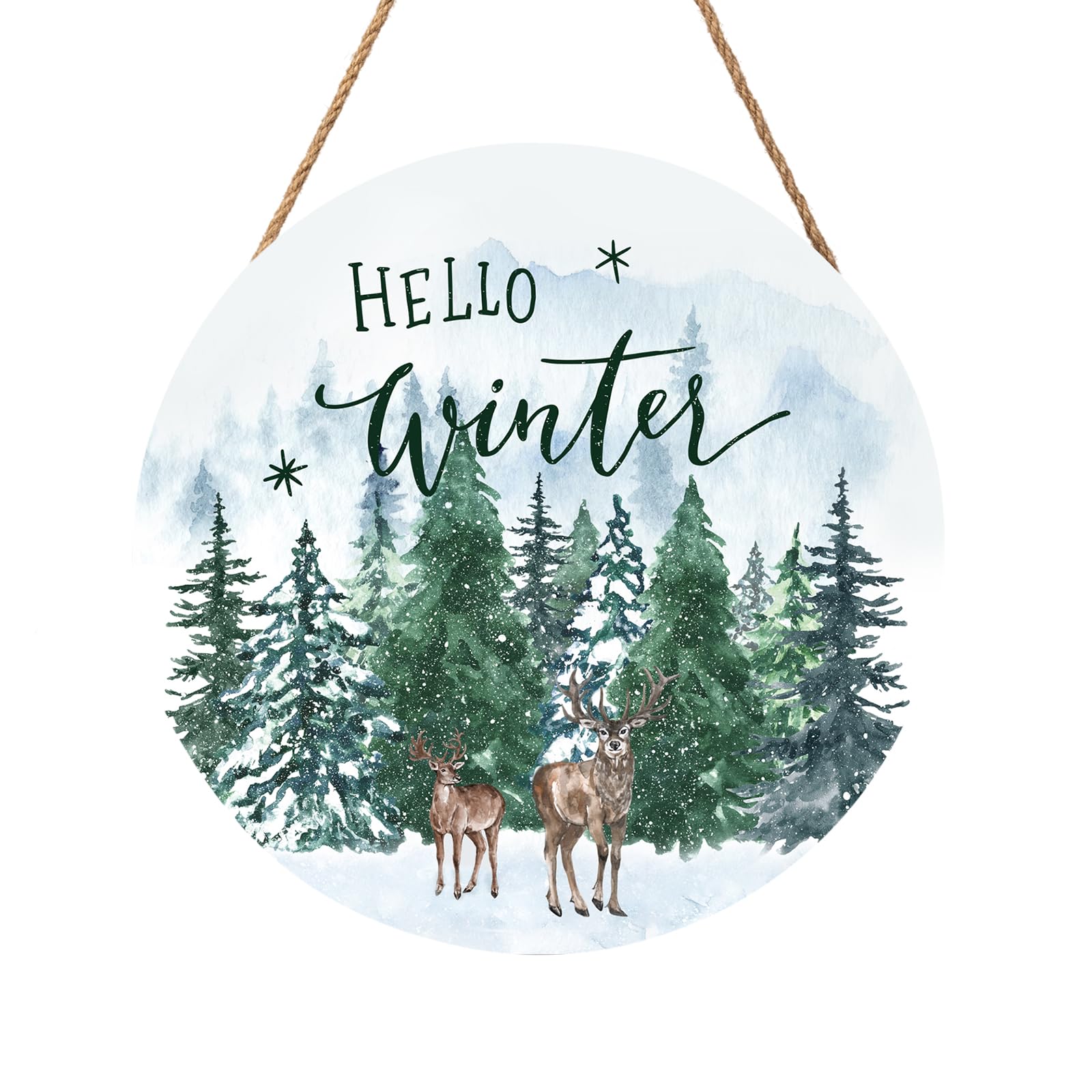 Winter Welcome Sign for Front Door Decor Farmhouse Winter Pine Trees Wood Door Hanger for Outdoor Outside Porch Rustic Hello Winter Round Hanging Sign for Home Front Porch Wall Decoration 12”x12”