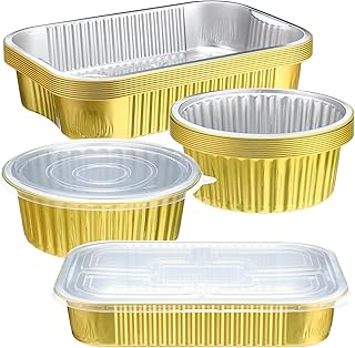 Baderke 20 Pack Gold Aluminum Foil Pans with Lids Include 10 Pcs 9x13 Inch Square Foil Baking Pan and 10 Pcs 7 Inch Round Pans Disposable Food Containers Tin Oven Safe Cooking Baking