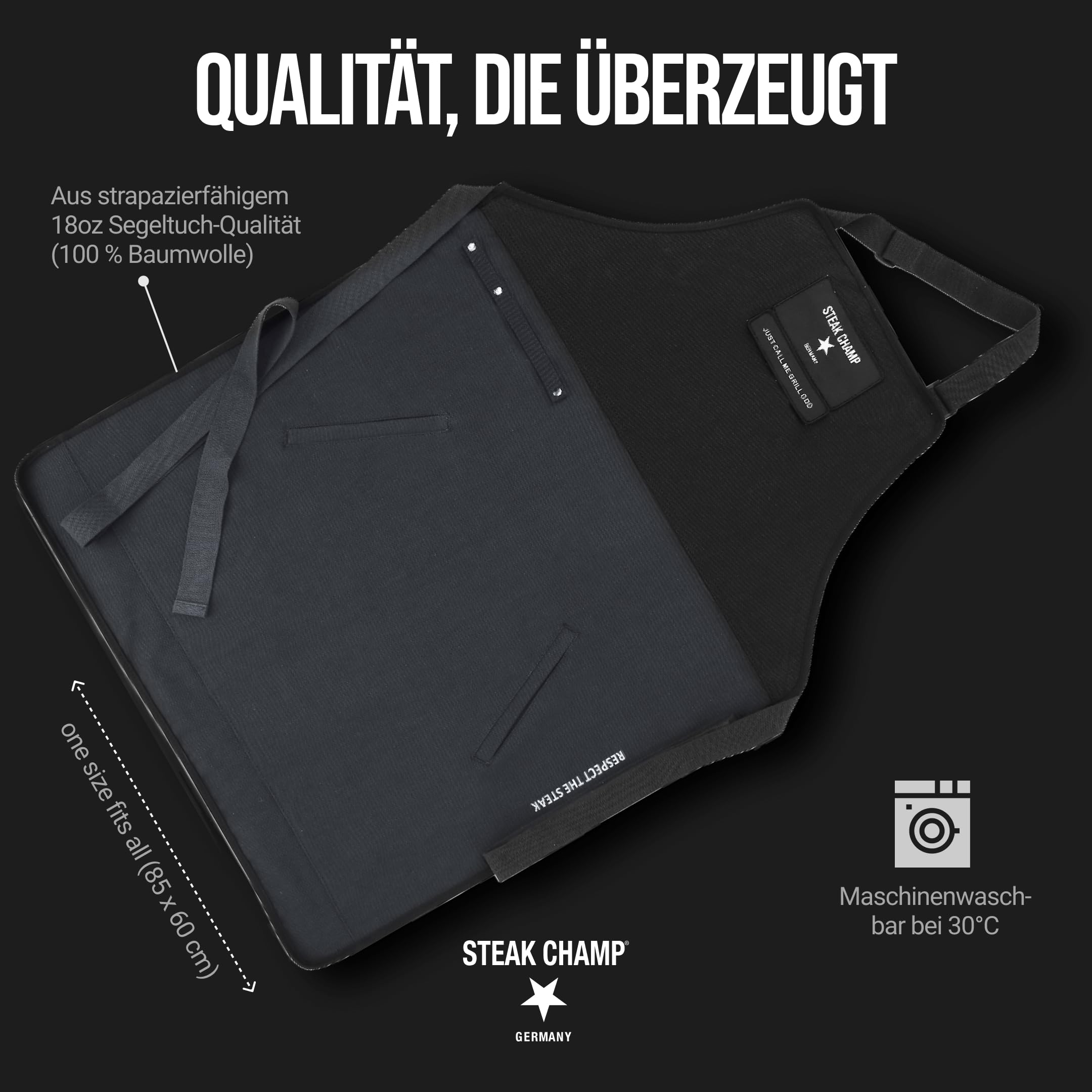 Steakchamp Grill & Bar Schürze: Robuste Koch- & Grillschürze, verstellbar, mit schmutz- und wasserabweisender Beschichtung, Aufnäher personalisierbar
