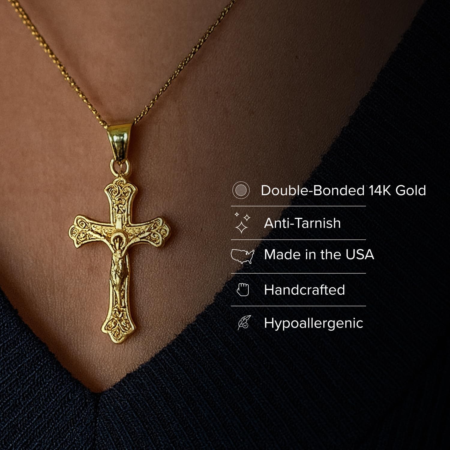 Cross+Crown Premium 14K Gold Ornate Crucifix Necklace for Women & Men, Durable Double-Bonded 14K Yellow Gold Crucifix to Avoid Tarnishing, Authentic Ornate Crucifix Pendant for Men & Women with Premium Jewelry Box, Handcrafted in the USA - Image 2
