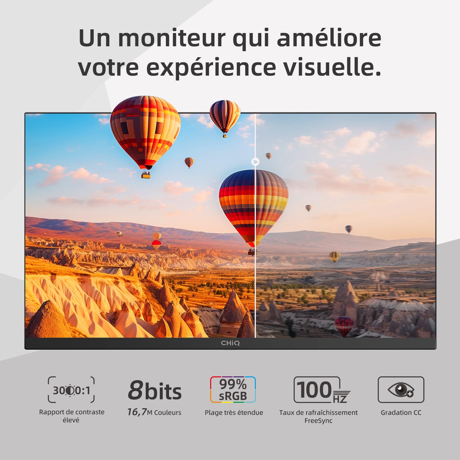 CHiQ Moniteur PC 22F650 22" FHD (1920 x 1080), 100 Hz + FreeSync, Design Ultra-Fin, 100% de la Gamme sRGB, HDMI, VGA, Montage VESA, Nouveau modèle 2024