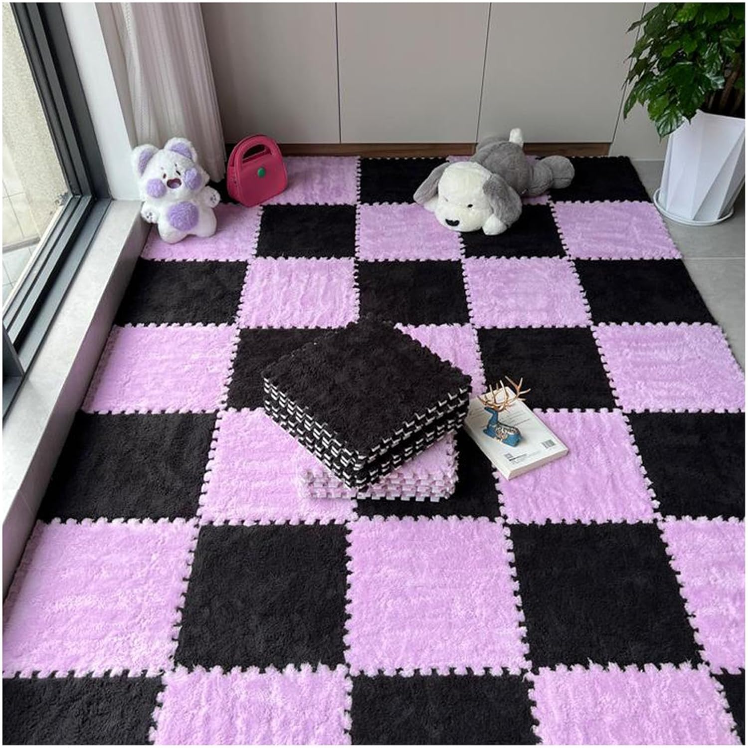 LoiYtrd Interlocking Carpet Tiles Soft EVA Foam Mats 10pcs 30x30x1cm Thickend Plush Puzzle Play Mat(Purple+Black)