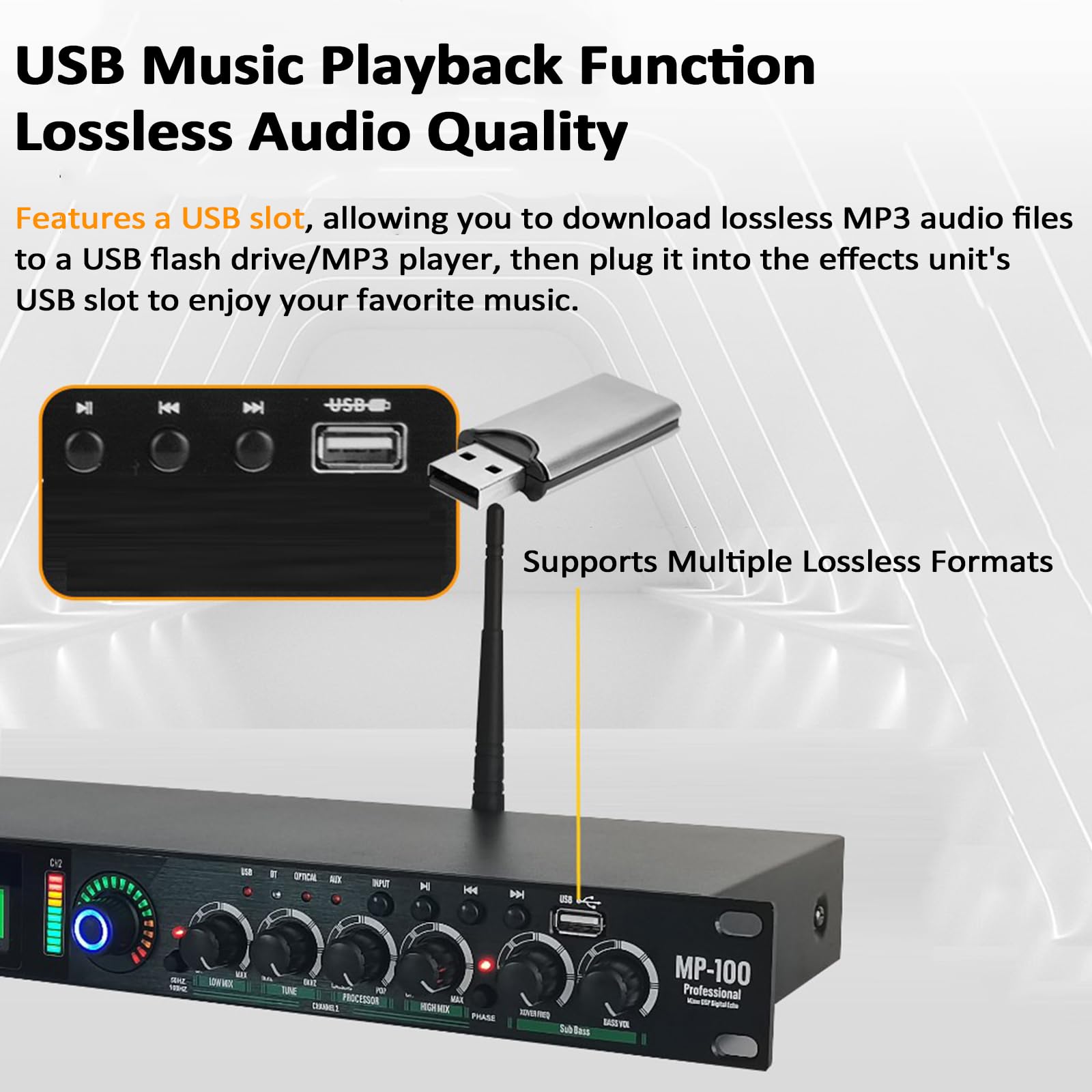 Jednostka efektów przedwzmacniacza, cyfrowy procesor audio, inteligentna ochrona przed wyciem, obsługuje wiele formatów bezstratnych, łączność USB i Bluetooth 5.0 dla wydajności scenicznej