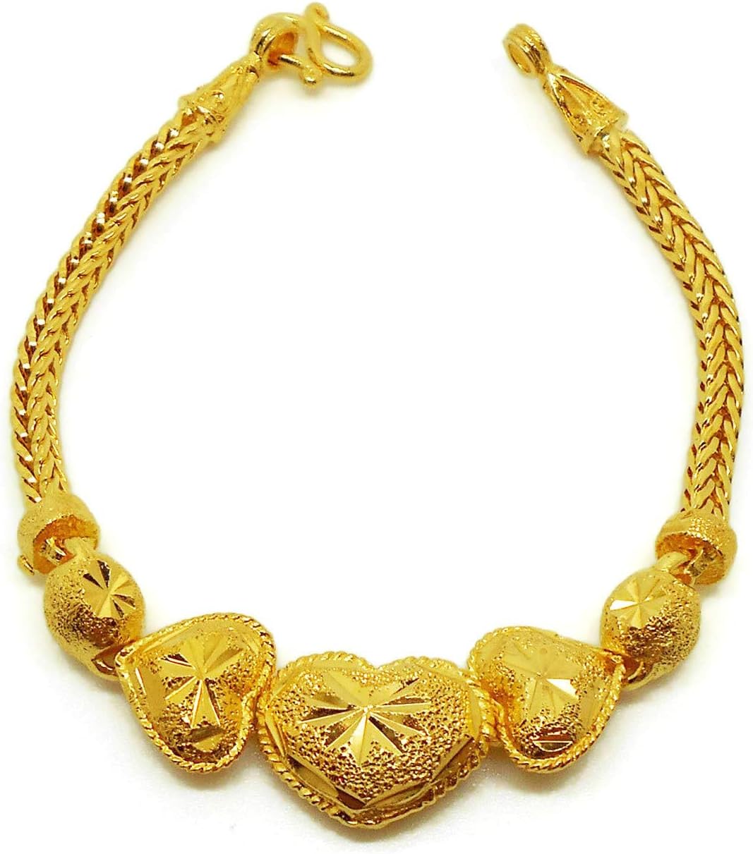 Heart Lovely Gold Bangle 24k Gold Plated Thai Baht Yellow Gold GP Filled Bracelet 7 Inch Jewelry Women