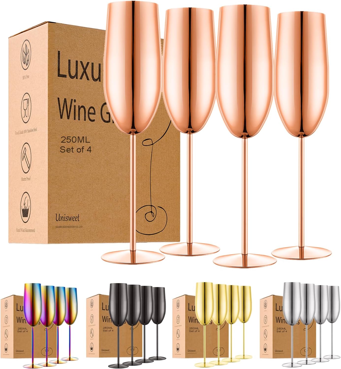 UNISWEET Stainless Steel Champagne Flutes Set of 4-Wedding &Birthday Gifts,8.5 Oz Unbreakable Champagne Glass with Long Stem,Reusable Indoor Outdoor Drinkware (Rose Gold)
