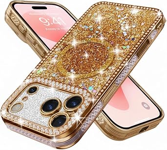LINPING Glitter Magnetic Case for iPhone 17 Pro, Luxury Bling Diamond Rhinestone Sparkle with Camera Protection, Compatible with MagSafe Shockproof Cover for Women Girls Orange, iPhone 17 Pro