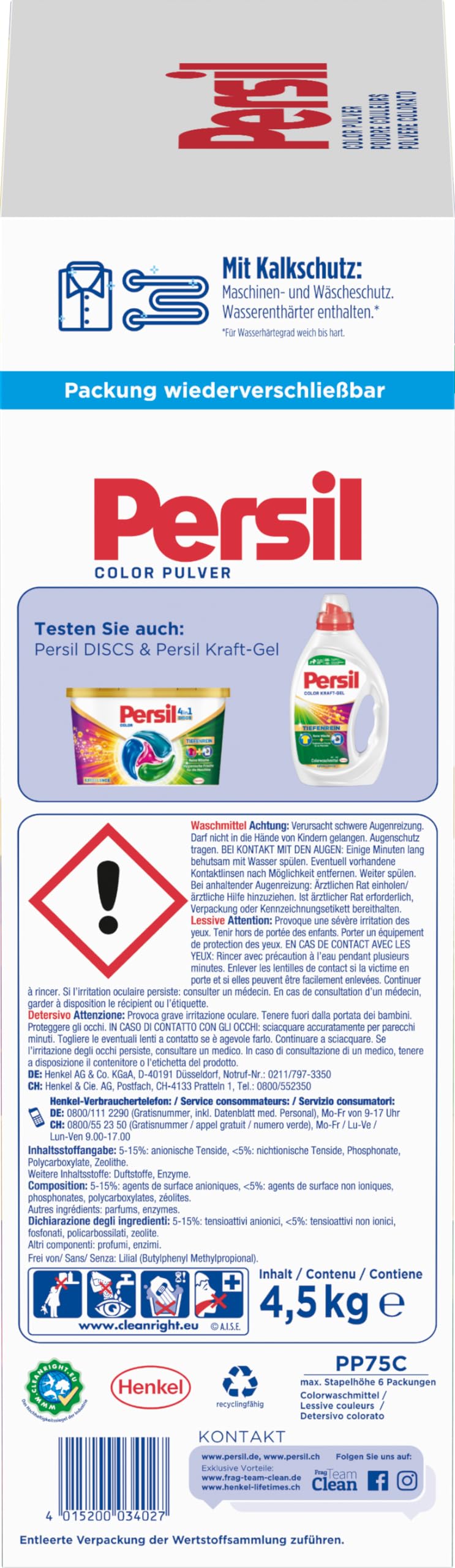 Persil Detergente in polvere per bucato profondo (75 lavaggi), detersivo per colori per capi puri e freschezza igienica per la macchina, efficace da 20 °C a 60 °C