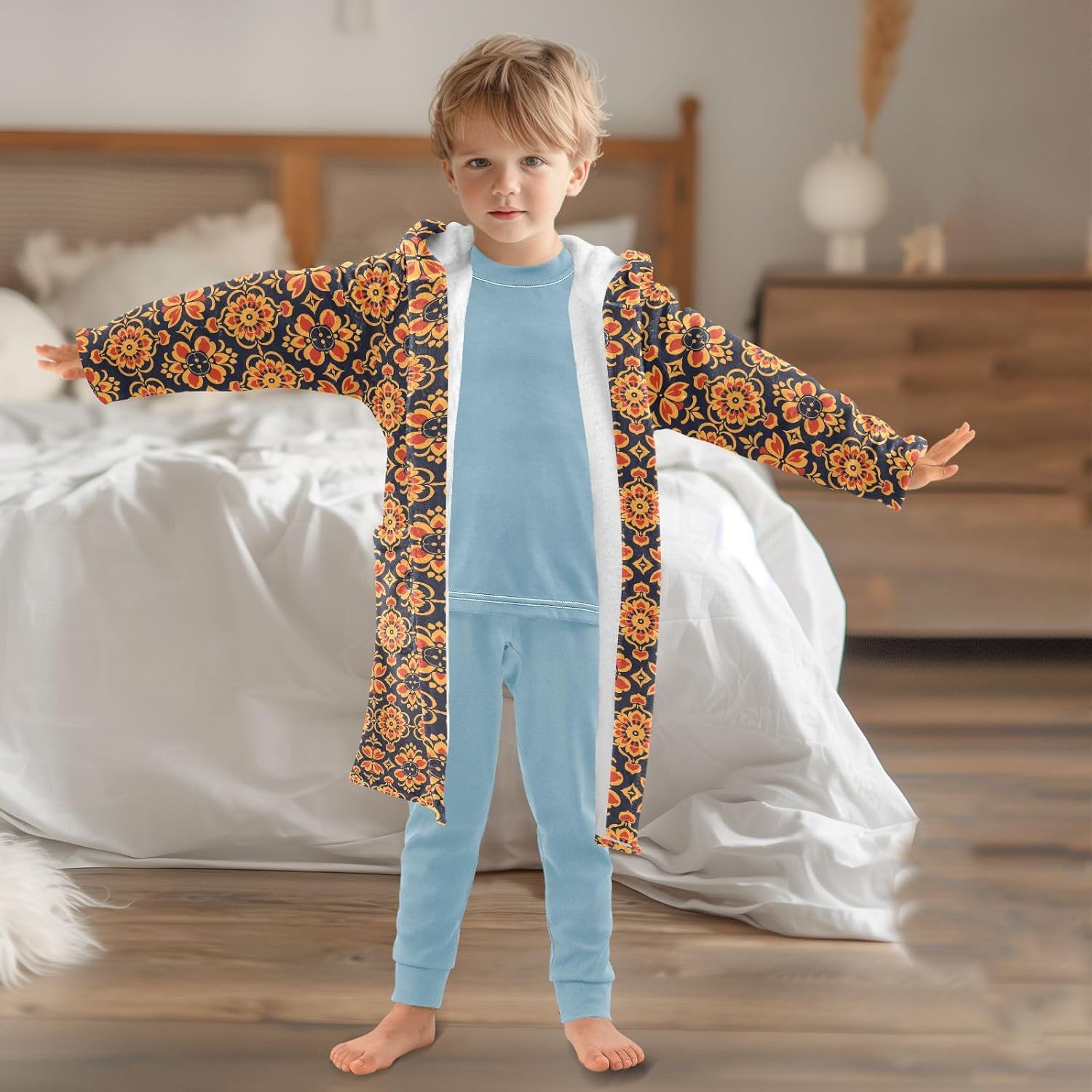 senya Indian Flower Toddler Hooded Bathrobe Kids Soft Plush Bath Towel Robes for Boys Girls 2-12 Years