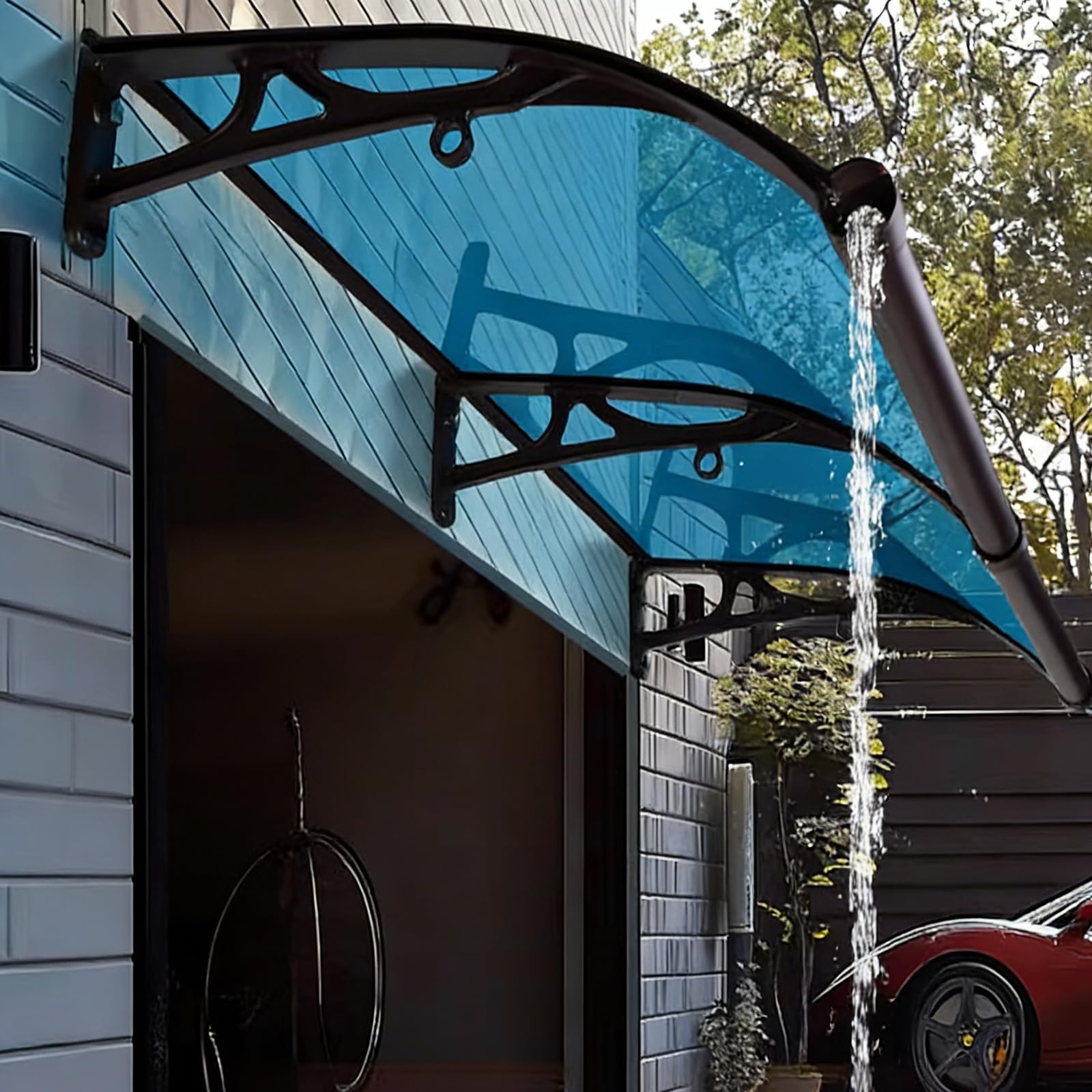 Toit marquise en polycarbonate bleu 150x140cm avec gouttière de porche