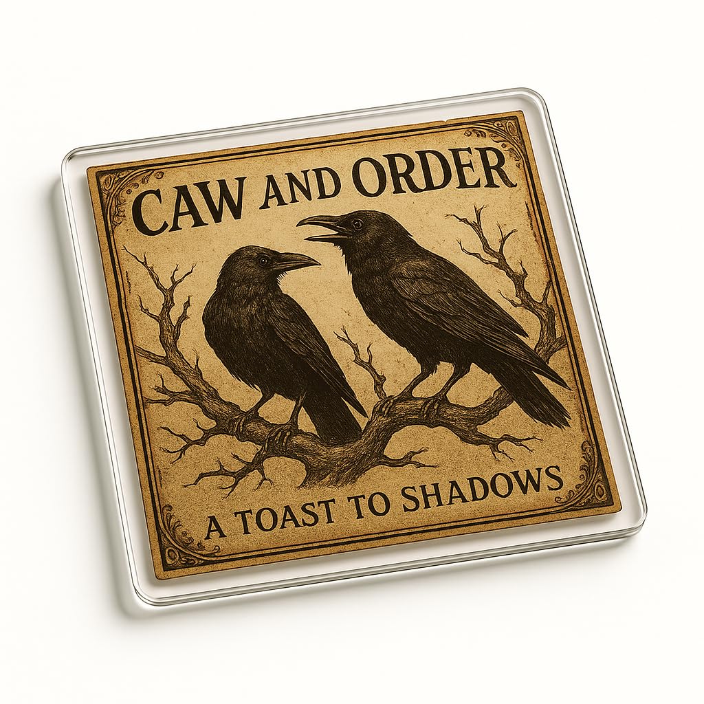 The Plum Penguin Cawing Shadows Unique Acrylic Coaster Gift For Halloween - Gothic Vintage Design With Crows And Ancient Branches