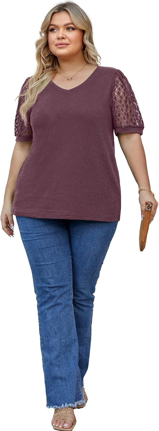 OLRIK Plus Size Tops for Women Summer Blouse Waffle Knit Short Lace Sleeve Shirts - Image 5