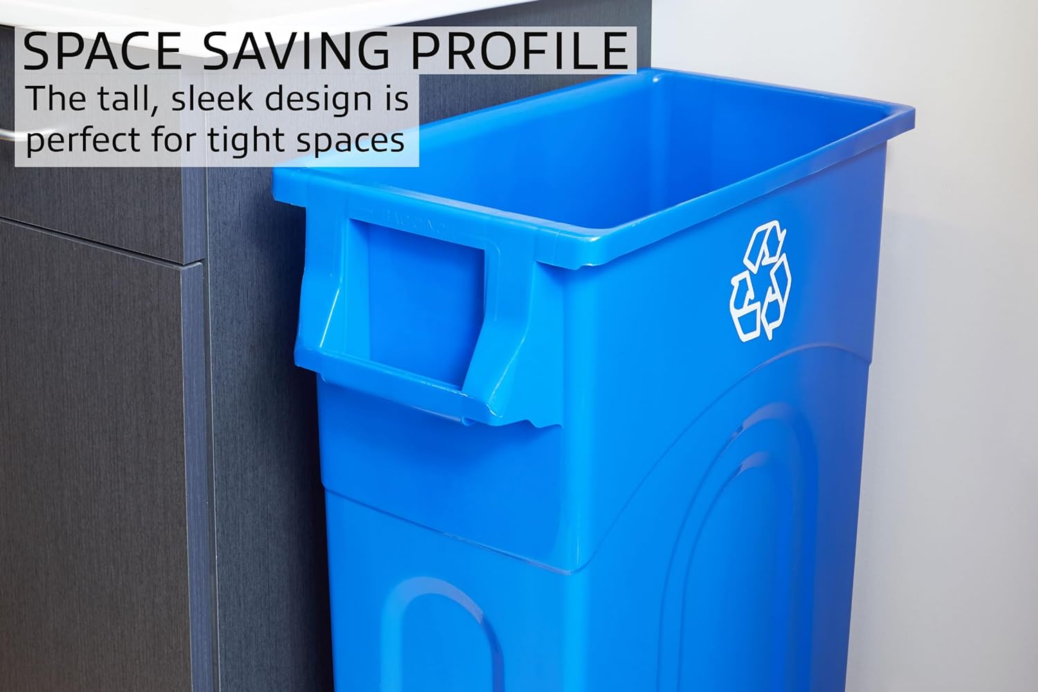 United Solutions Highboy Recycling Bin, 23 Gallon, Space Saving Slim Profile and Easy Bag Removal, Indoor or Outdoor Use, Integrated Handles for Easy Carrying, 4-Pack, Recycle Blue