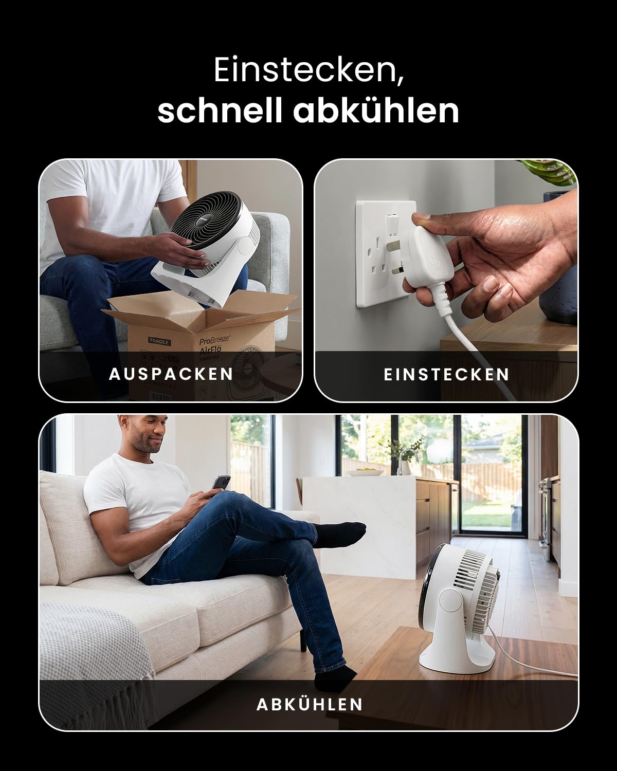 Pro Breeze AirFlo Mini Tischventilator – Leiser Turbo Ventilator 3 Stufen 90° Neigung 4,2 m/s kompakt