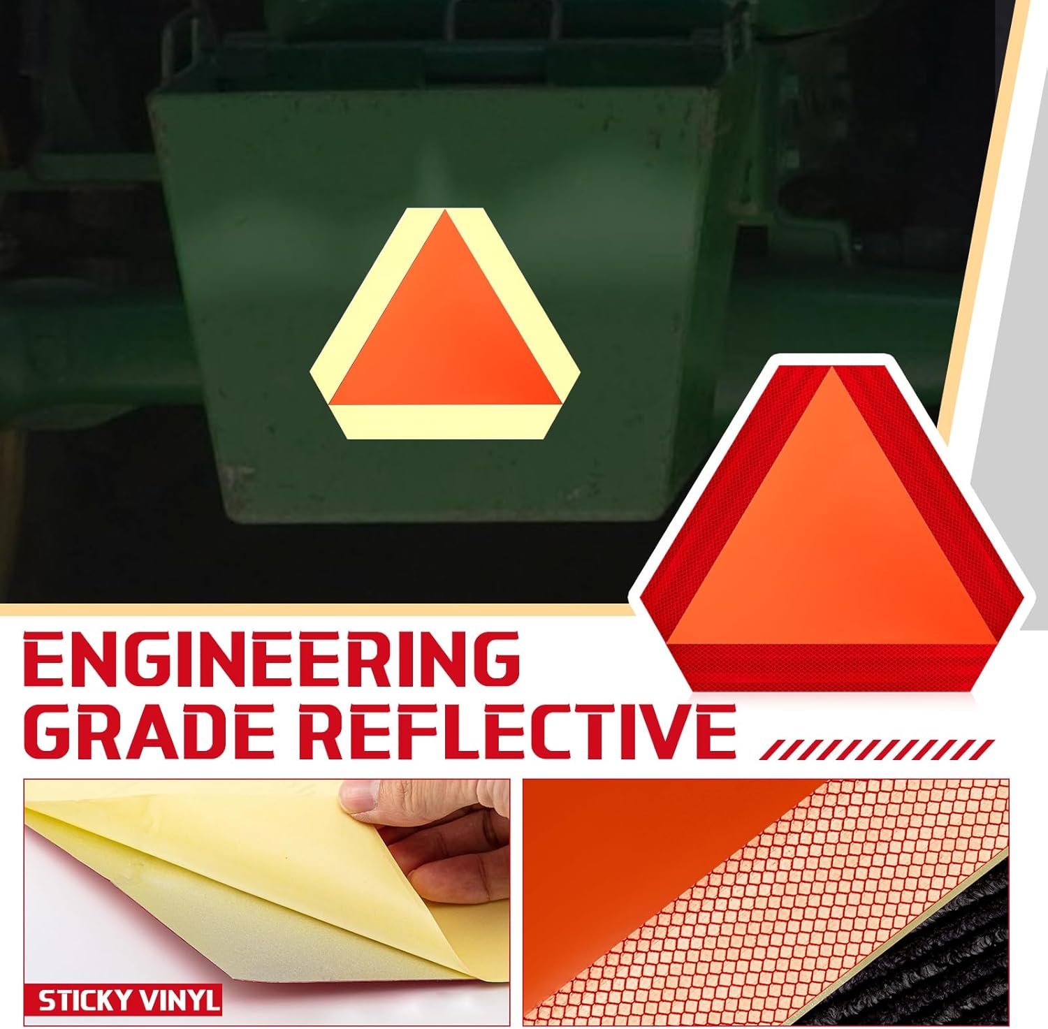 Resurhang 4 Pack Slow Moving Vehicle Triangle Sign 14 x 16 Inch Sticky Slow Moving Vehicle Triangle Sign Safety Vinyl Reflective Stickers for Cars Tractor Golf Cart Accessories