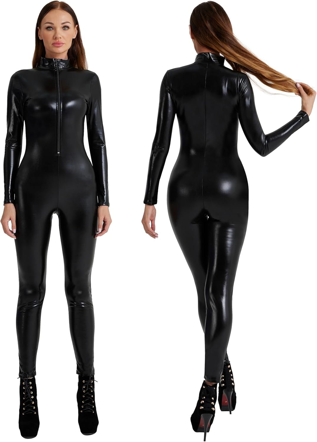 Maxim Party Supplies Metallic Catsuit for Women - Zip Front Mock Neck Unitard Bodysuit for Cosplay, Costume, Dance, Rave - Image 3