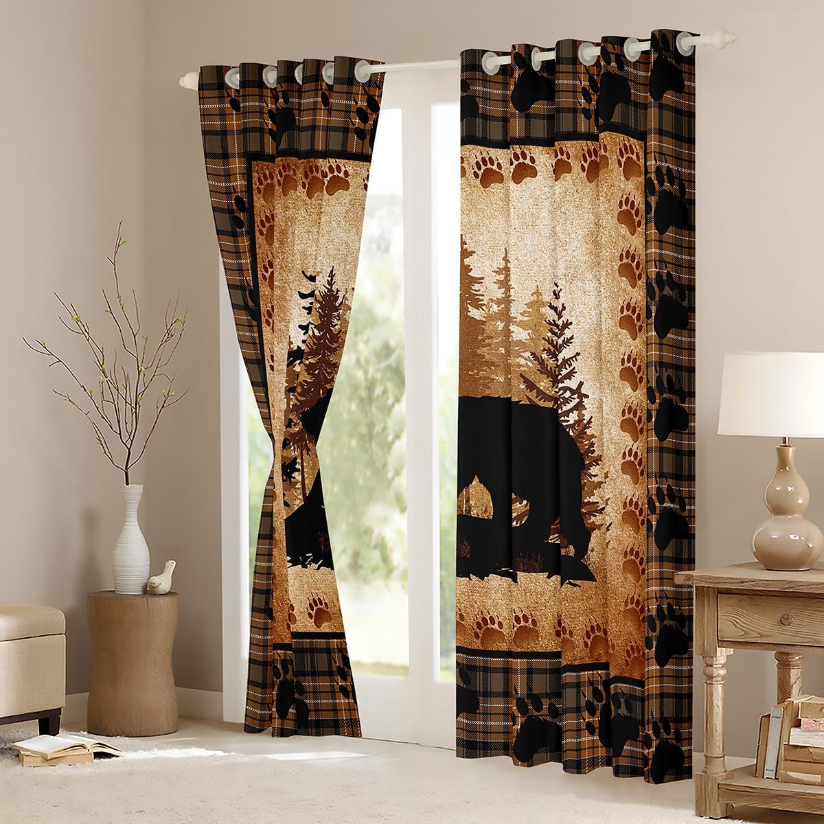 Castle Fairy Bear Print Curtain Home Decor,Wild Animal Hunt Pine Trees Retro Blackout Window Drapes for Bedroom Decor,Rustic Grid Plaid Cabin Decor Window Treatment Curtains for Kids, 52Wx96L inch