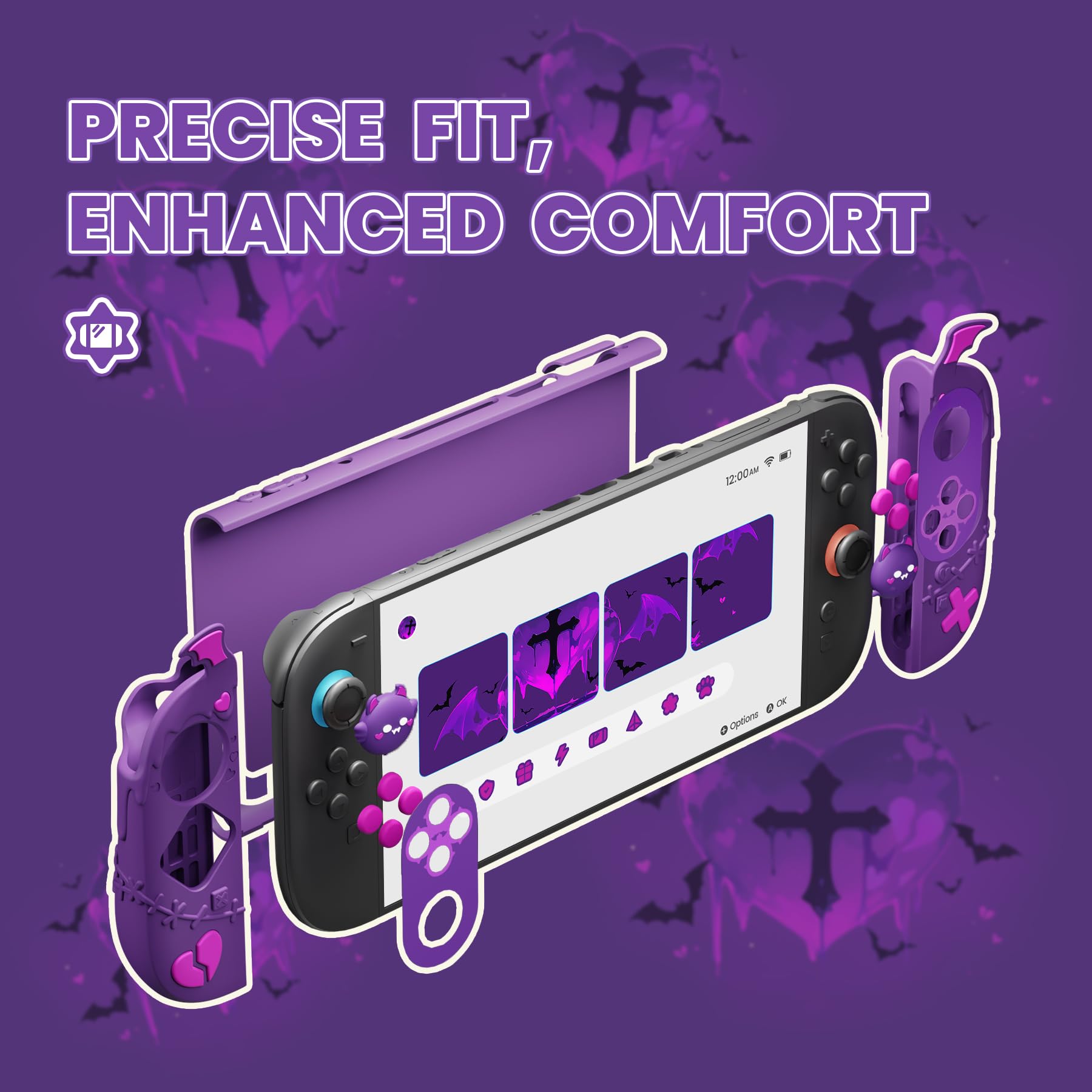 playvital Coque pour Nintendo Switch 2,Grip en Silicone pour Joycon & Coque Arrière Rigide PC Dockable & Capuchon Joystick & Autocollants,Accessoires pour Switch 2–Violet, Série Gothic Imp - 5