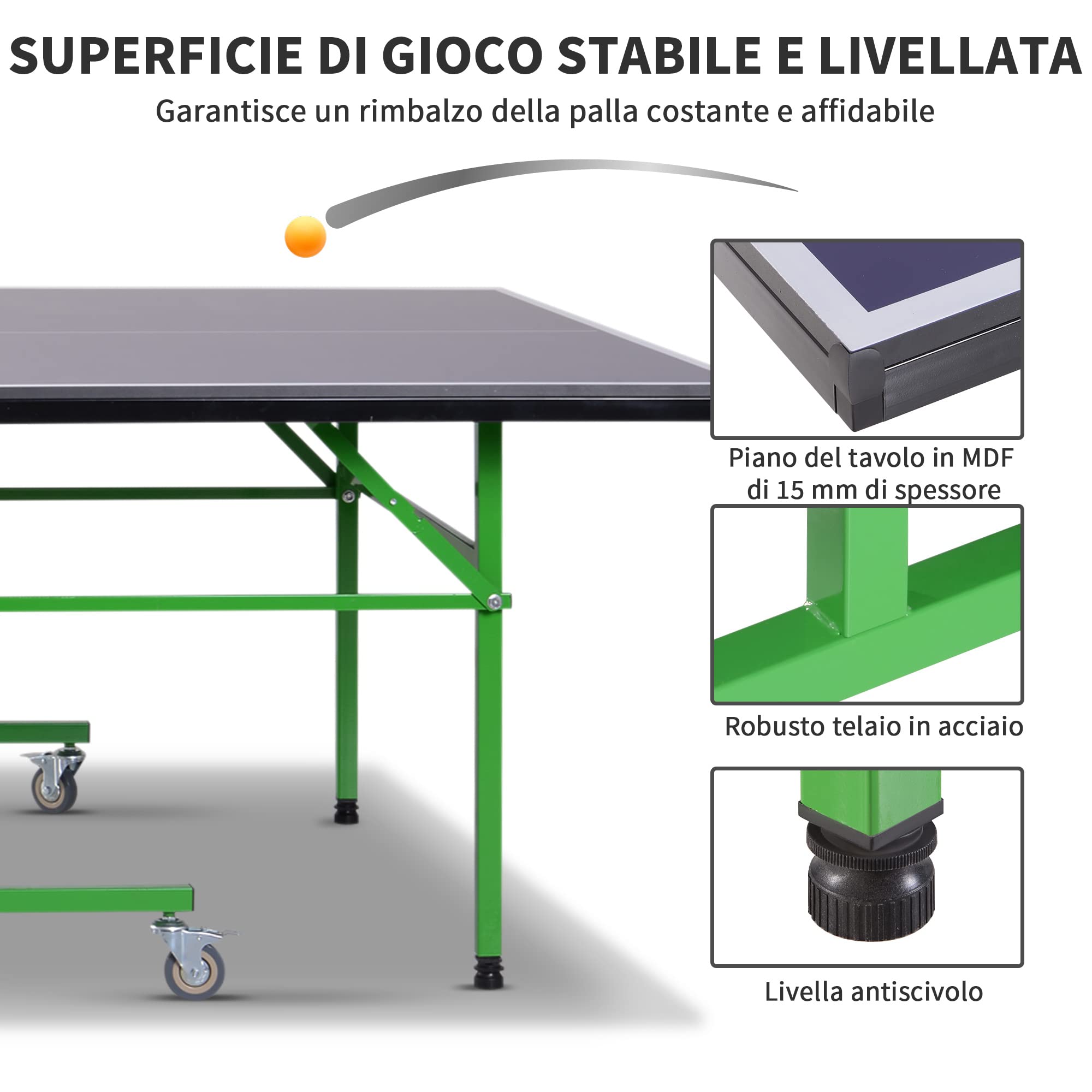 HOMCOM Tavolo da Ping Pong Pieghevole Interno con 8 Ruote 152.5 × 274 × 76cm