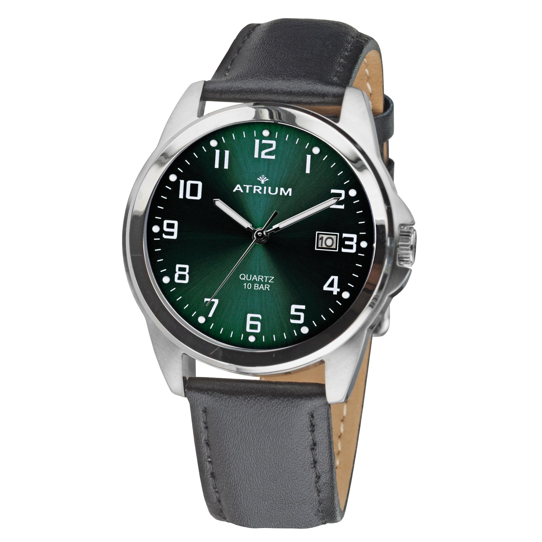 Atrium Herren-Armbanduhr Edelstahl Analog Quarz 10 bar mit Datum, Leuchtzeiger, sehr deutliches Zifferblatt Dunkelgrün und Lederband schwarz A16-16