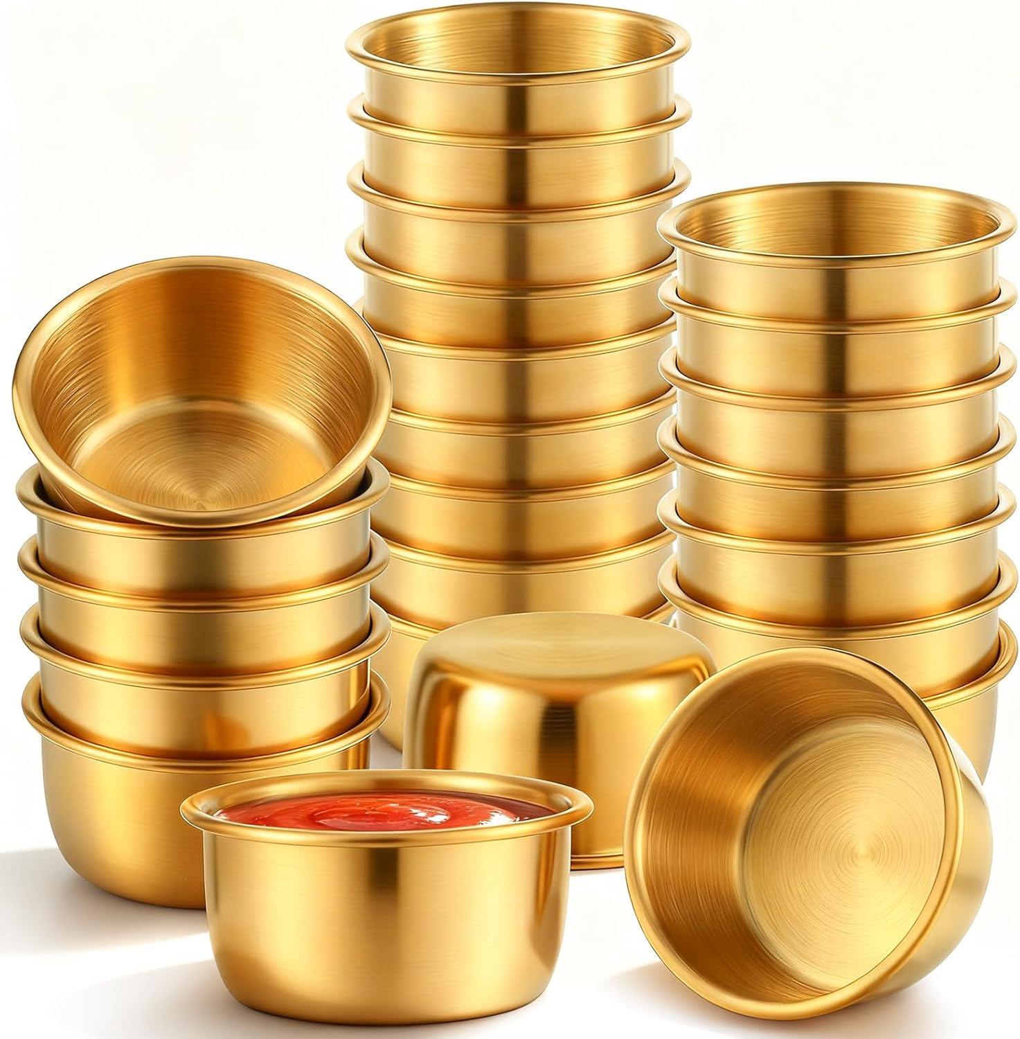 24 Pcs 304 Stainless Steel Dipping Sauce Cups 2 oz Mini Ramekins Containers Reusable Round Dipping Bowls for Ketchup Dressing Appetizer Kitchen Restaurant Home Party Dinner Cooking, Gold