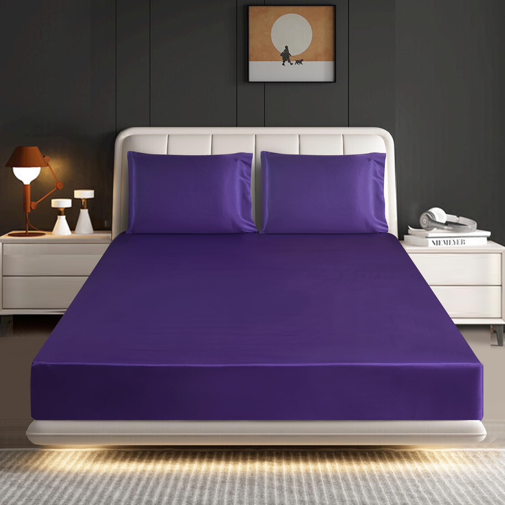 ROOEE Satin Silk Fitted Sheet with Pillowcase Set Breathable Soft Bedding Brushed Fabric Wrinkle, Shrinkage and Fade Resistant Bottom Bed Sheets (AUBERGINE, Double)