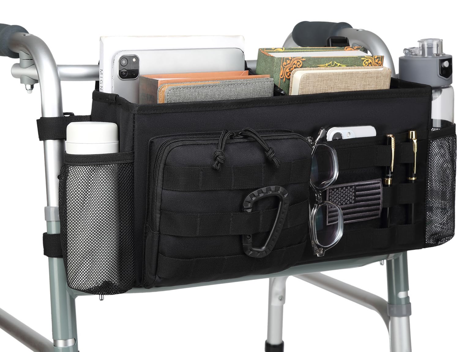 SunForMorningWalker Basket, Multi Pockets Folding Walker Bag Walker Storage Bag with Cup Holder, Large Capacity Organizer for Seniors Elderly, Black