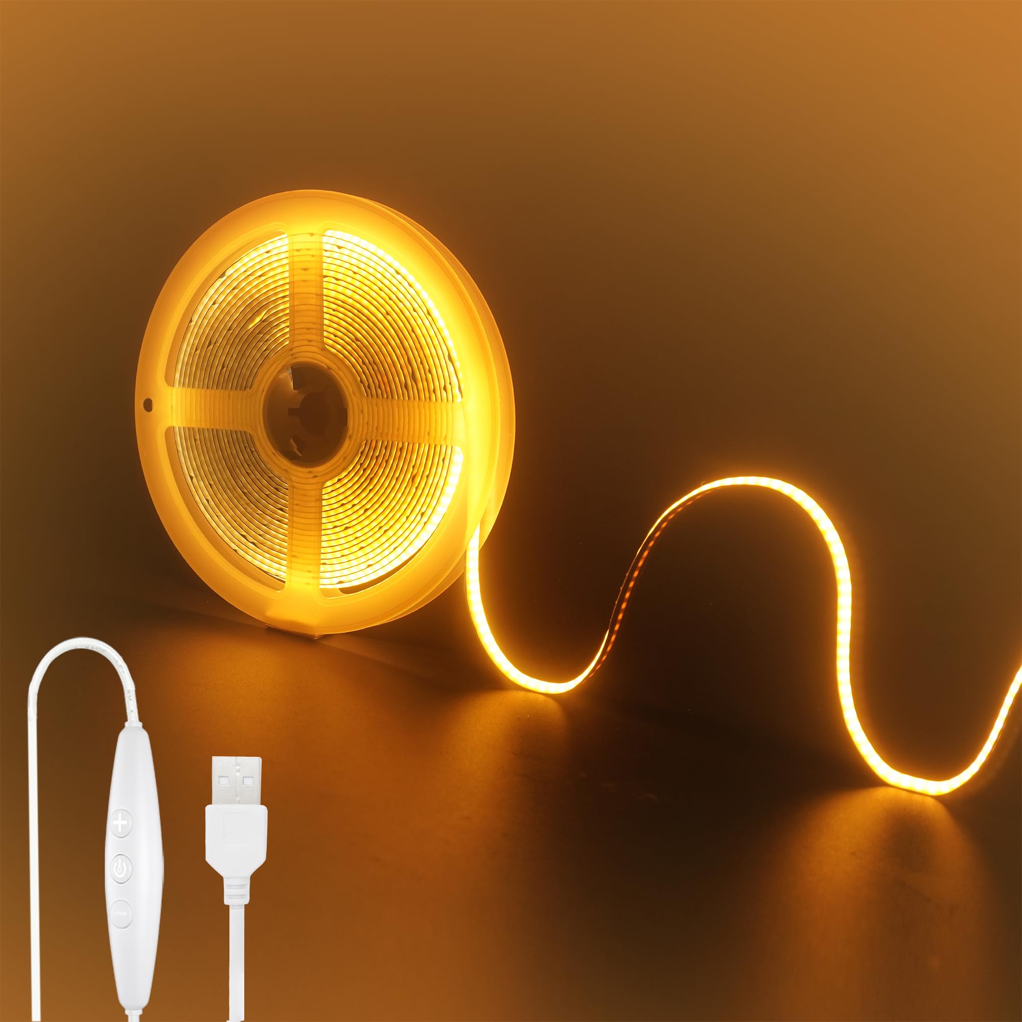Clearhill 5V USB COB LED Strip Lights with Dimmable Switch,6.56FT/2M,Orange,320LEDs/M,8mm Width,Not Waterproof IP20,1.5M USB Switch Cable,for DIY Home Indoor Decoration