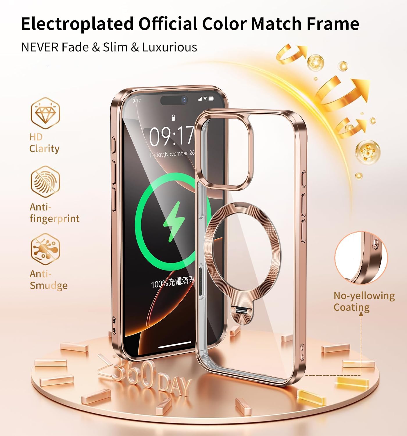 [CD Metal Ring & Invisible 360° Spin Stand] Magnetic Case for iPhone 16 Pro [Electroplated Shockproof Bumper ] [Compatible with Mag Safe] Cover with Stand for Women Men Slim Clear - Desert Titanium - Image 5