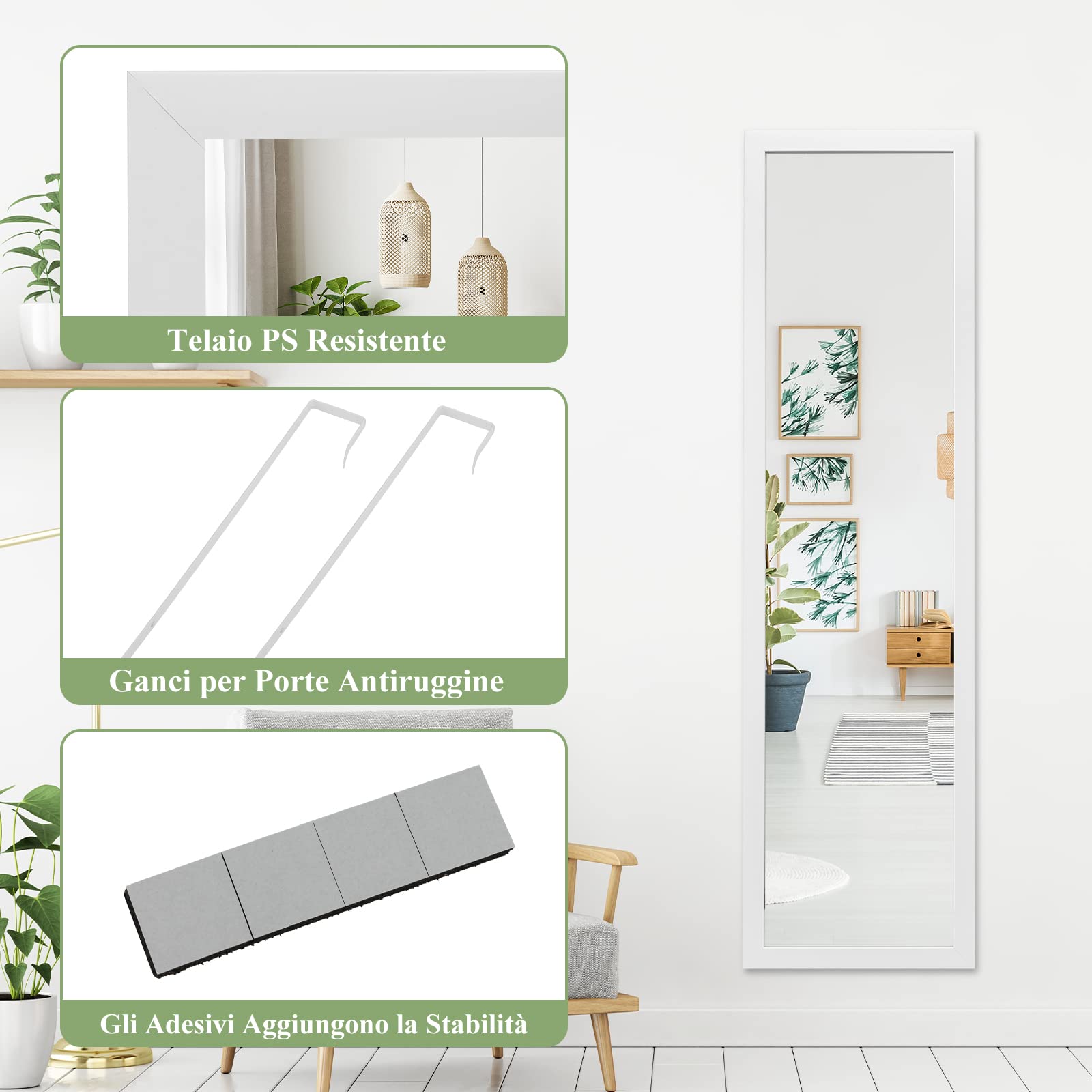COSTWAY Specchio da Parete Lungo, Specchio Rettangolare a Figura Intera Sopra la Porta con Ganci per la Porta, Ideale per Camera da Letto Soggiorno Ingresso, 33x119 cm (Bianco)