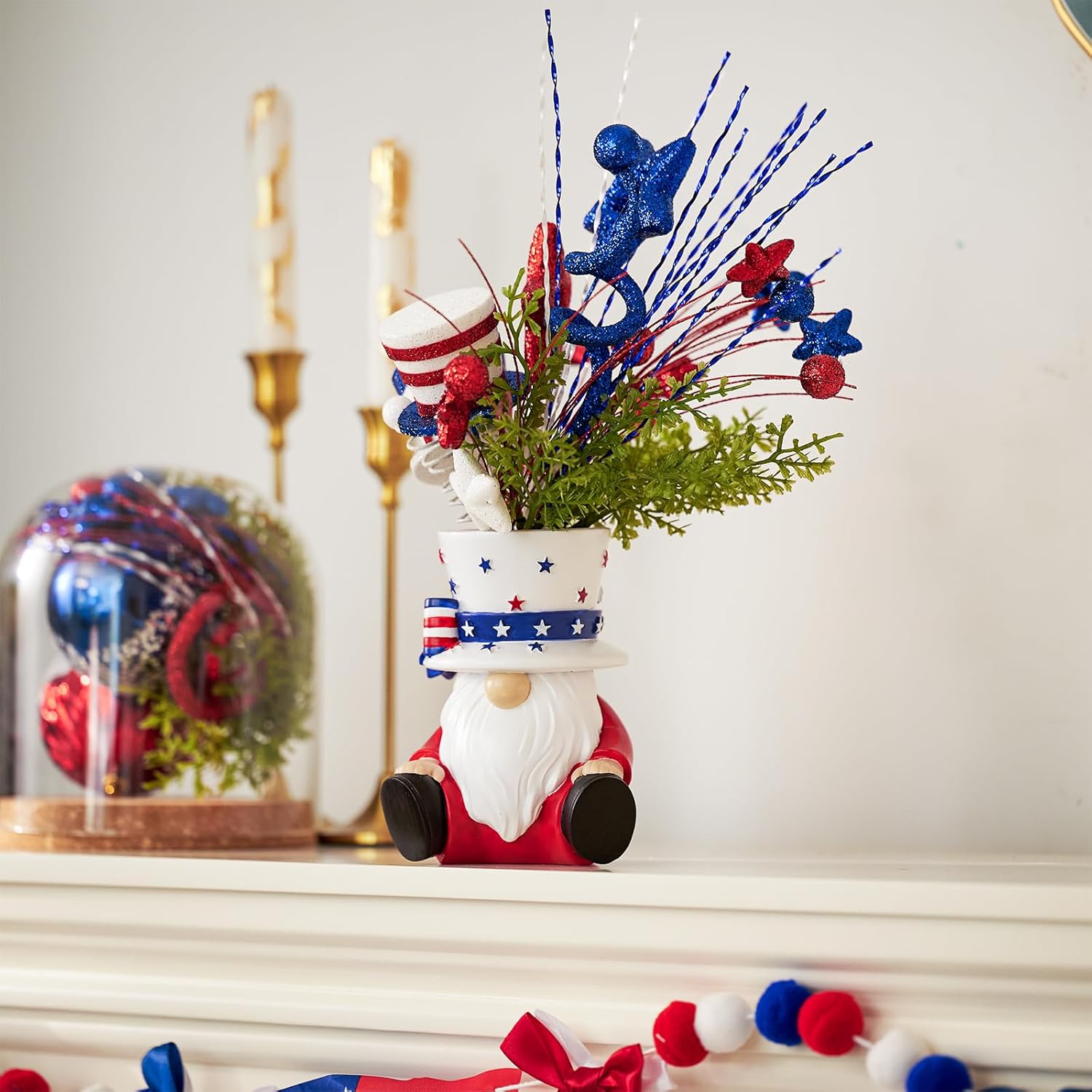 DN DECONATION 4th of July Centerpiece for Tables Red White and Blue Patriotic Flowers Decorations with Gnome Vase, Resin Gnome Hat Vase, Shiny Star Berries Flowers for Independence Day Memorial Day