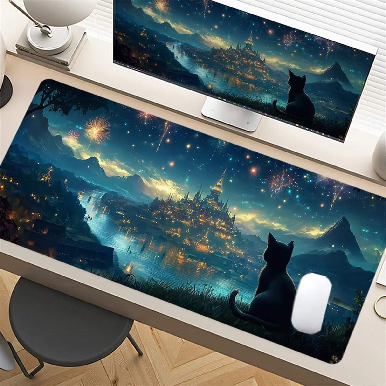 Grand Tapis de Souris de Jeu 1000 x 500 x 3mm, Tapis de Souris XXL Chat Animal Château, Optimisé pour Capteur, Haute Précision et Vitesse avec Bords Cousus pour Bureau et Gaming