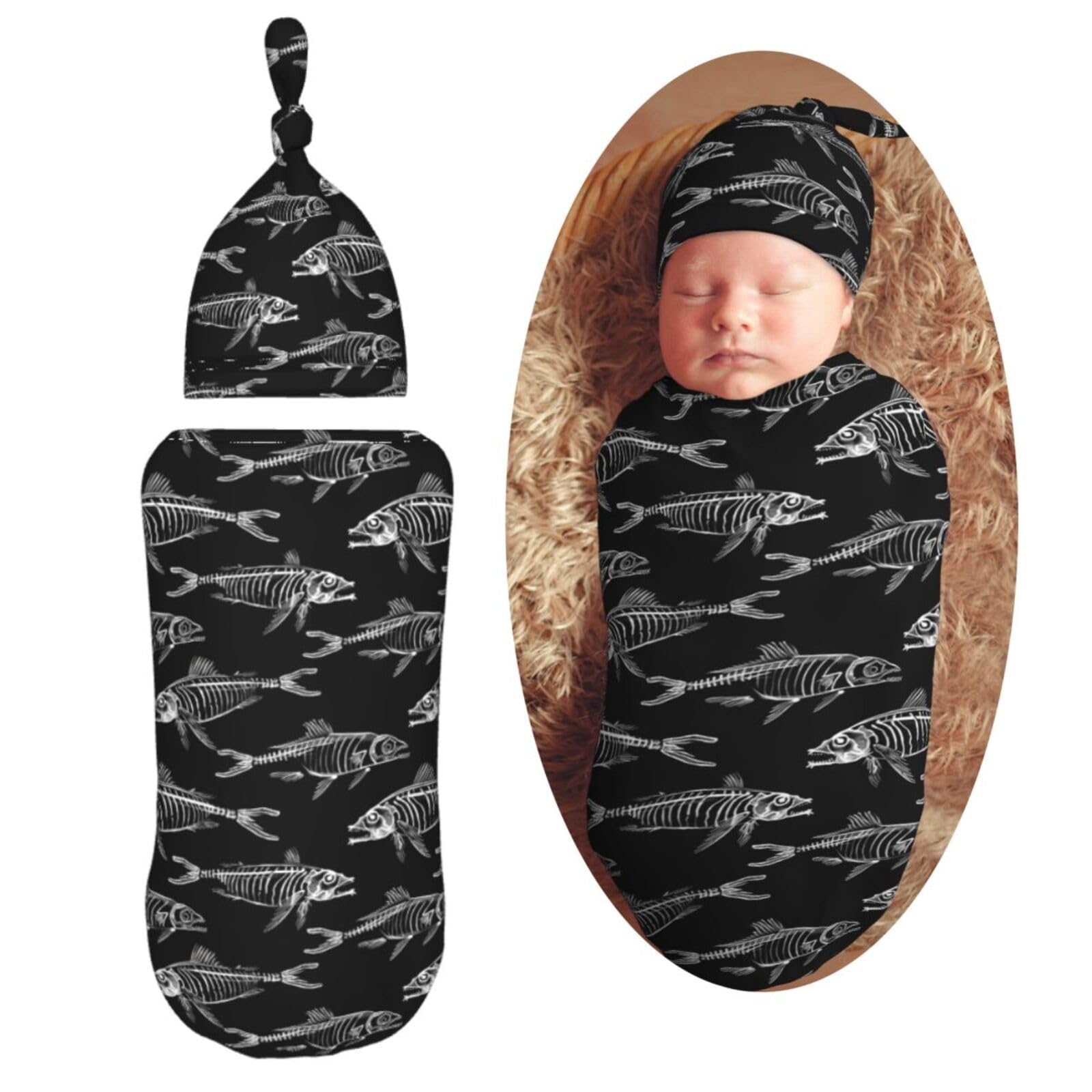 Black White Bones Fish Lover Newborn Swaddle Blankets Hat Sets Soft Baby Receiving Blanket Swaddle Sack for Baby Shower Infant Boy Girl Gift