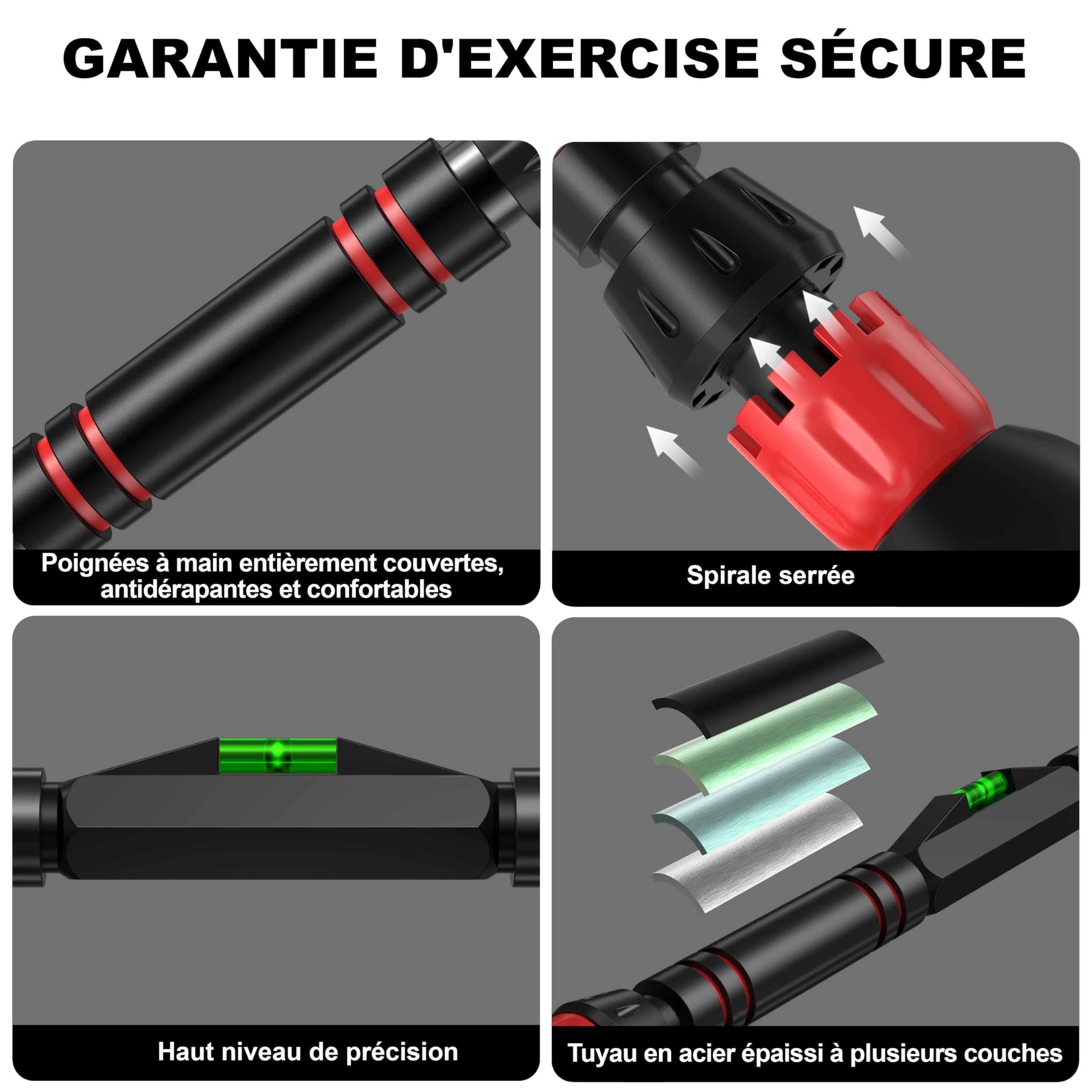 Barre de Traction réglable de 74 à 98cm,Barre de Traction pour Porte sans vis,Avec niveau,Avec tapis de protection murale,antidérapant,Jusqu'à 200 kg.