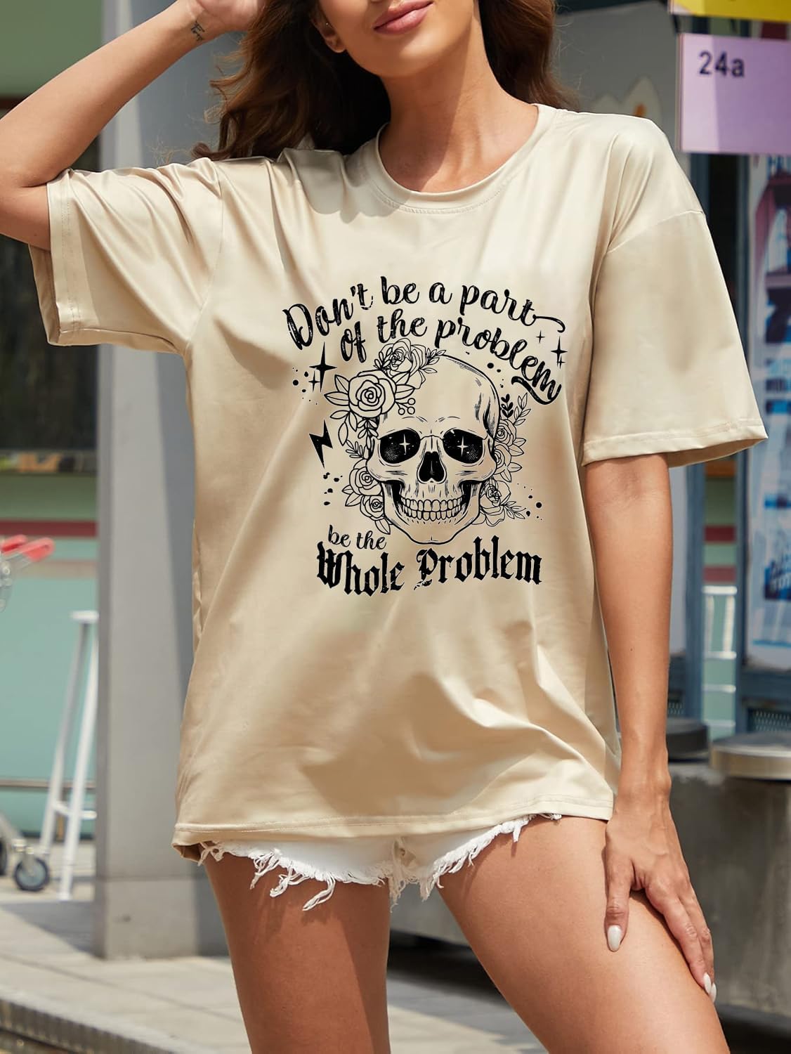 Women Funny Sayings Don't Be Part of The Problem Casual Cute Skull Floral Skeleton Letter Print Short Sleeve Graphic T Shirts - Image 6