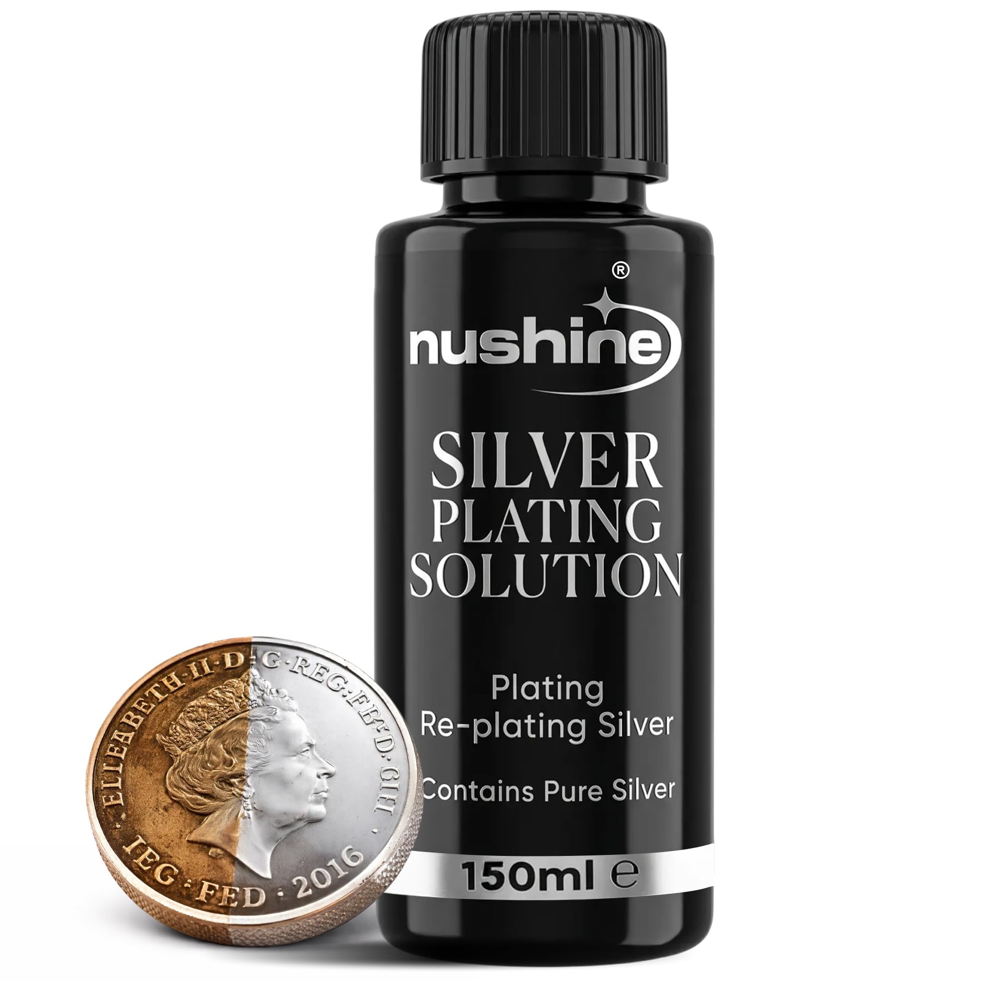 Nushine Silver Plating Solution 5.1 Oz (150ml) - Permanently Plate Pure Silver onto Worn Silver, Brass, Copper and Bronze (Ecofriendly Formula)