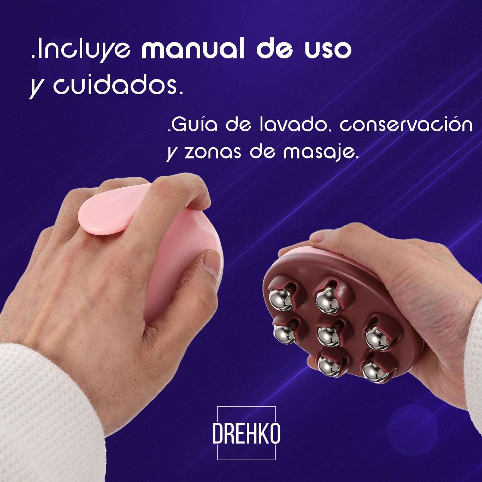 Masajeador Anticelulítico Manual con 7 Rodillos de Acero Inoxidable 360° | Piernas, Muslos, Glúteos, Abdomen y Brazos | Ideal para Aplicar Cremas Reafirmantes y Anticelulíticas (AZUL) (Rosa)