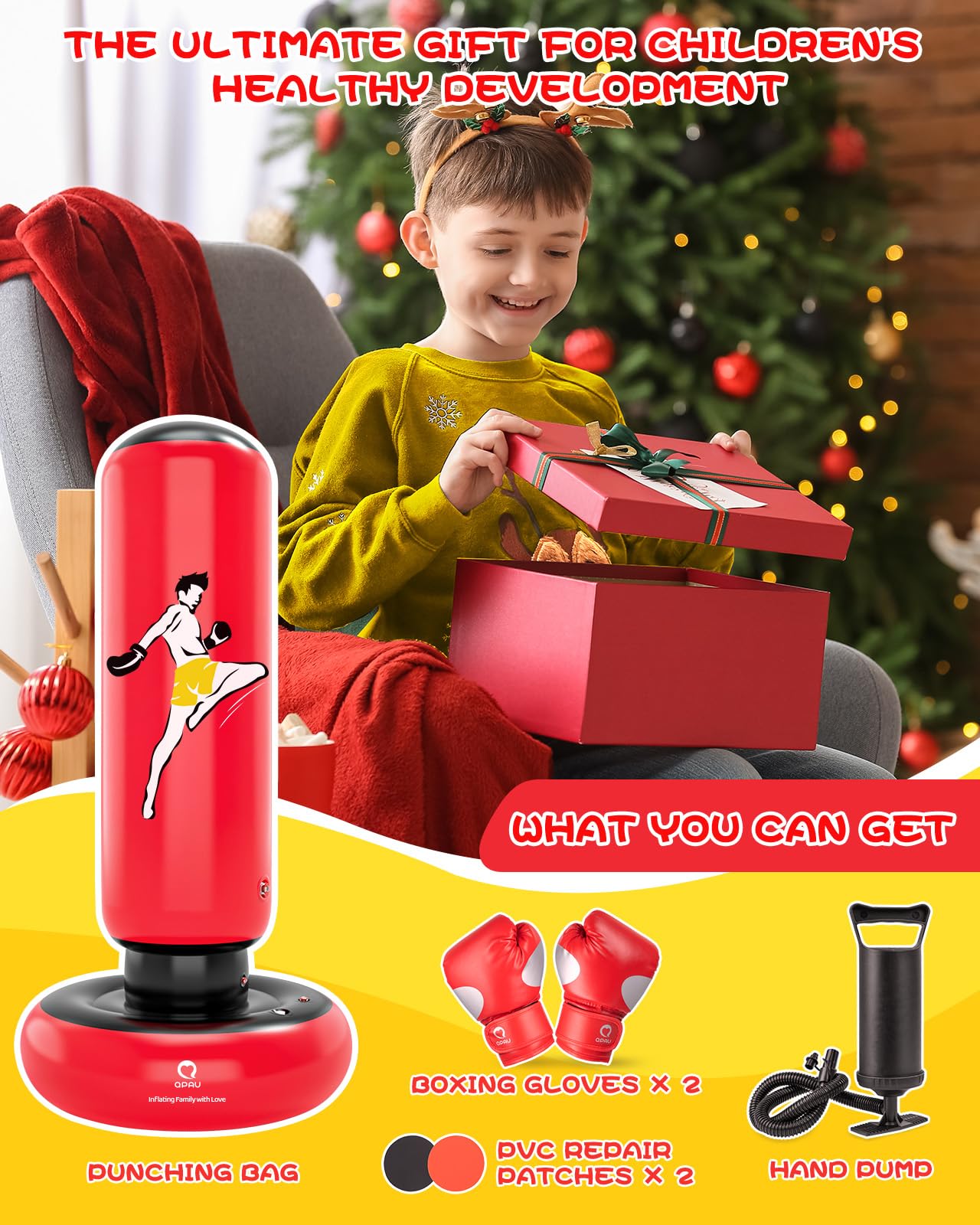 QPAU Sacco da boxe per bambini, giocattolo con guantoni da boxe, 167 cm, più grande, gonfiabile, regalo per ragazzi e ragazze dai 6 ai 12 anni, per praticare karate, taekwondo, MMA (rosso)