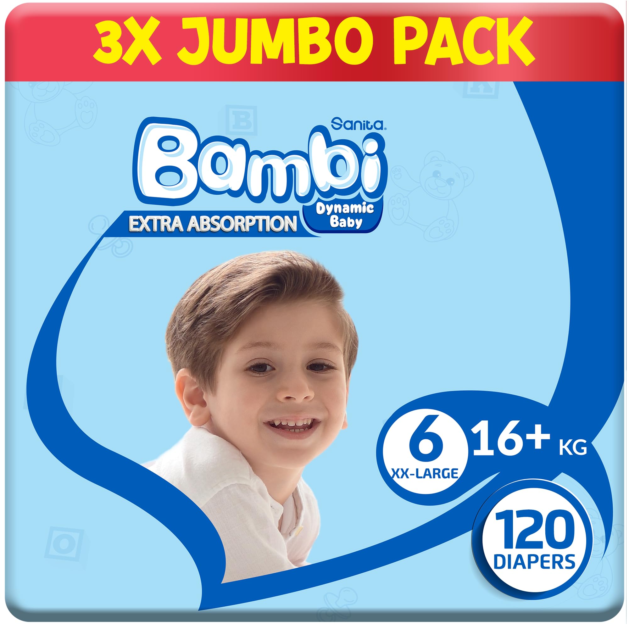 Sanita Bambi Baby Diapers Size 6, 16+kg, Skin-Friendly with Hypoallergenic Inner layer, Wetness Indicator, Leakage Protection & Comfort - Carton of Jumbo Pack (40x3), 120 Count