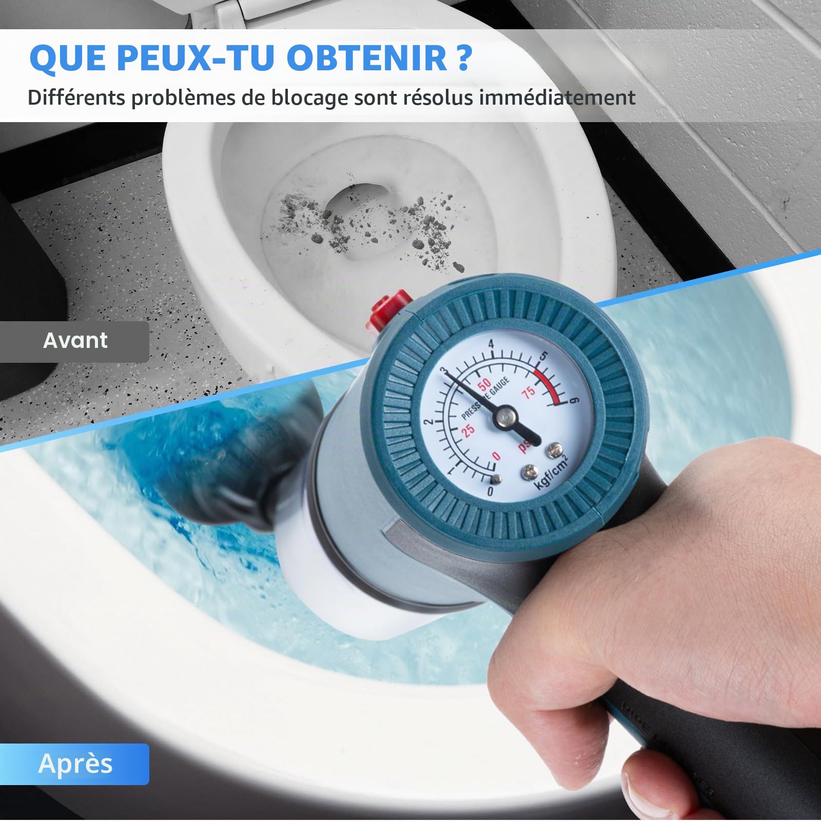 Deboucheur Canalisation Professionnel avec Baromètre, Déboucheur Canalisation avec 4 Ventouses, Gants et Pince à Griffes, Électrique Deboucheur WC pour Toilettes, Tuyaux de Cuisine