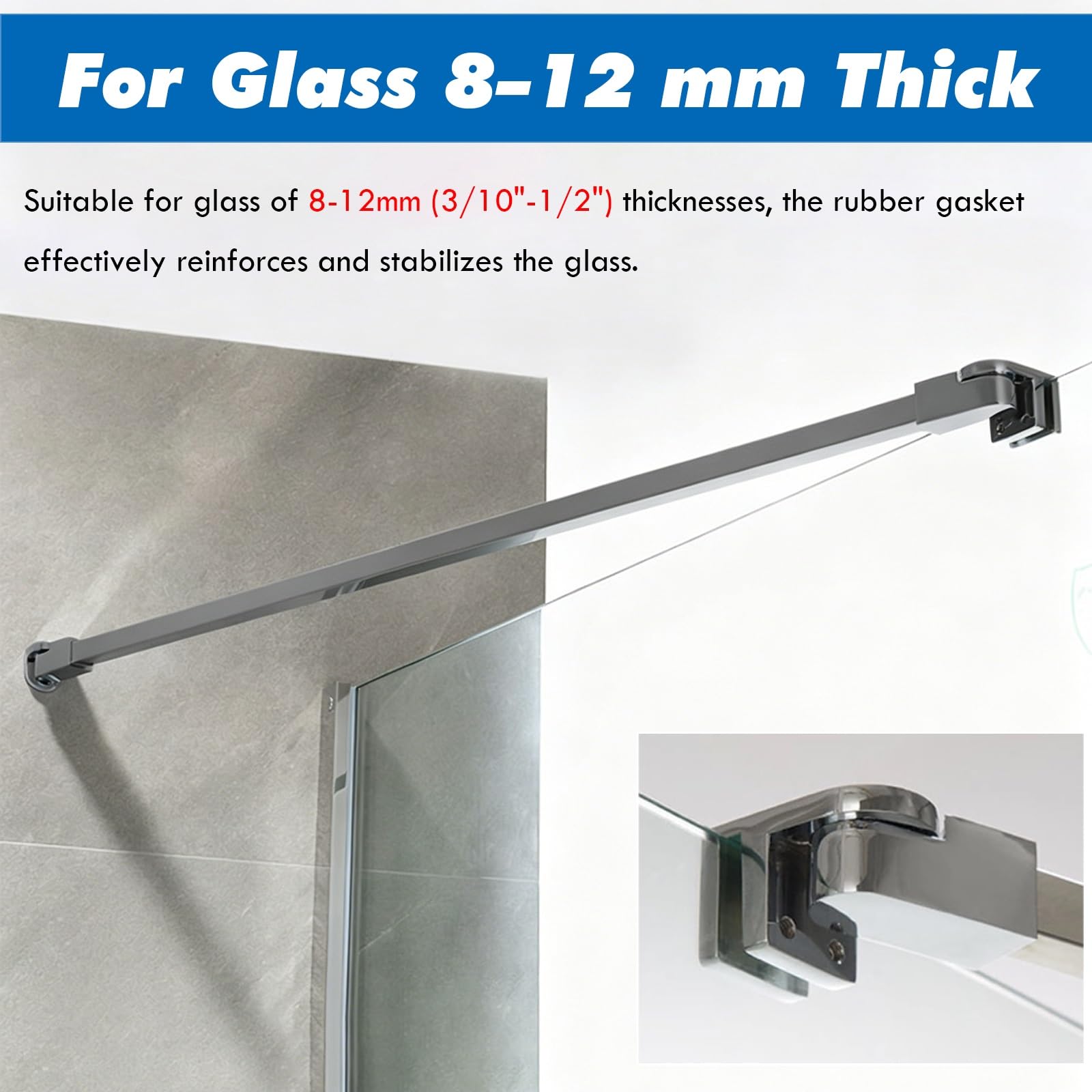 Verstellbare Glasstützstange, feste Stabilisatorhalterung für 8–12 mm Paneele, Edelstahl-Duschwand-Stabilisator, schwarz, perfekt für rahmenlose Duschen