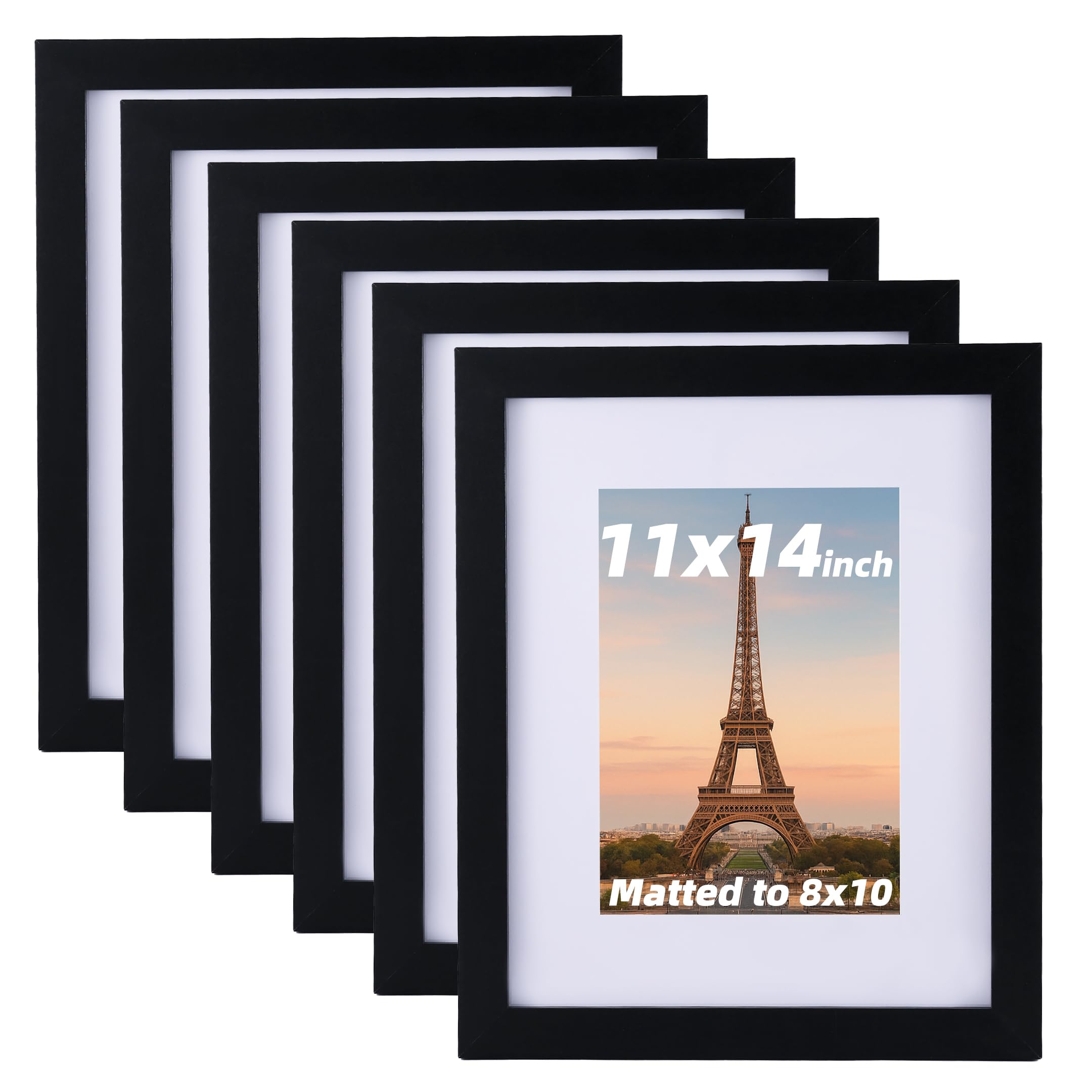 Photo 1 of Black Picture Frame - Display Pictures 8x10 with Mat or 7 x 14 without Mat - Black Wood Picture Frames for 0075 Wall Mounting - Wooden Photo Frame for 11 14 Matted to 8x10 Print Set of 6
