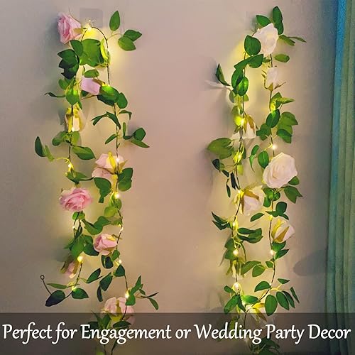 Miniatura 2 de Guirnalda de flores artificiales con 20 luces LED, 6.56 pies colgantes de rosas y vides, guirnalda de luces decorativas para jardín, boda,