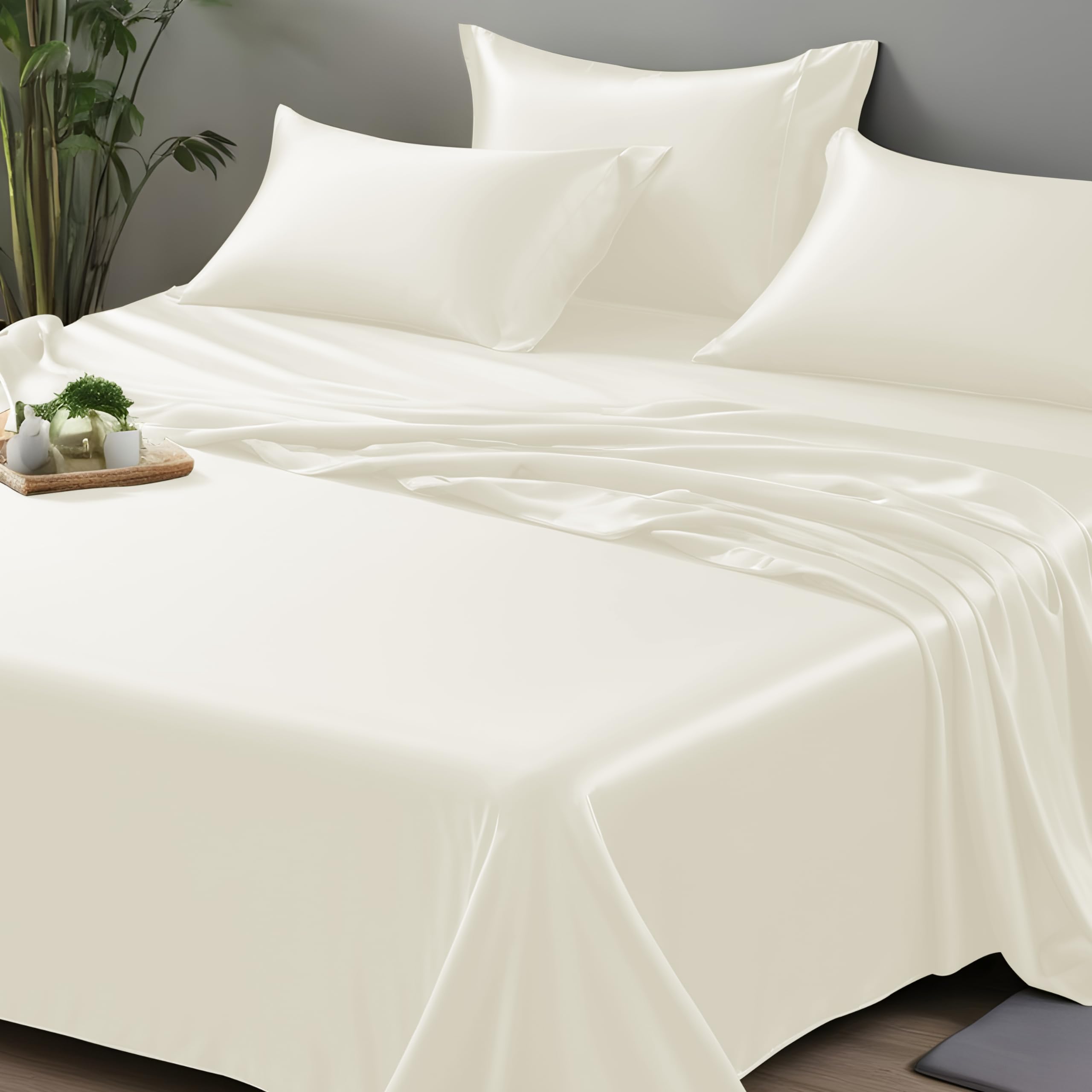 LINENWALAS Lenzuolo piatto in bambù biologico vegano, il più morbido, biancheria da letto in bambù setosa e fresca solo lenzuolo piatto SuperKing taglia lusso perfetto per la pelle (305x274 cm, avorio