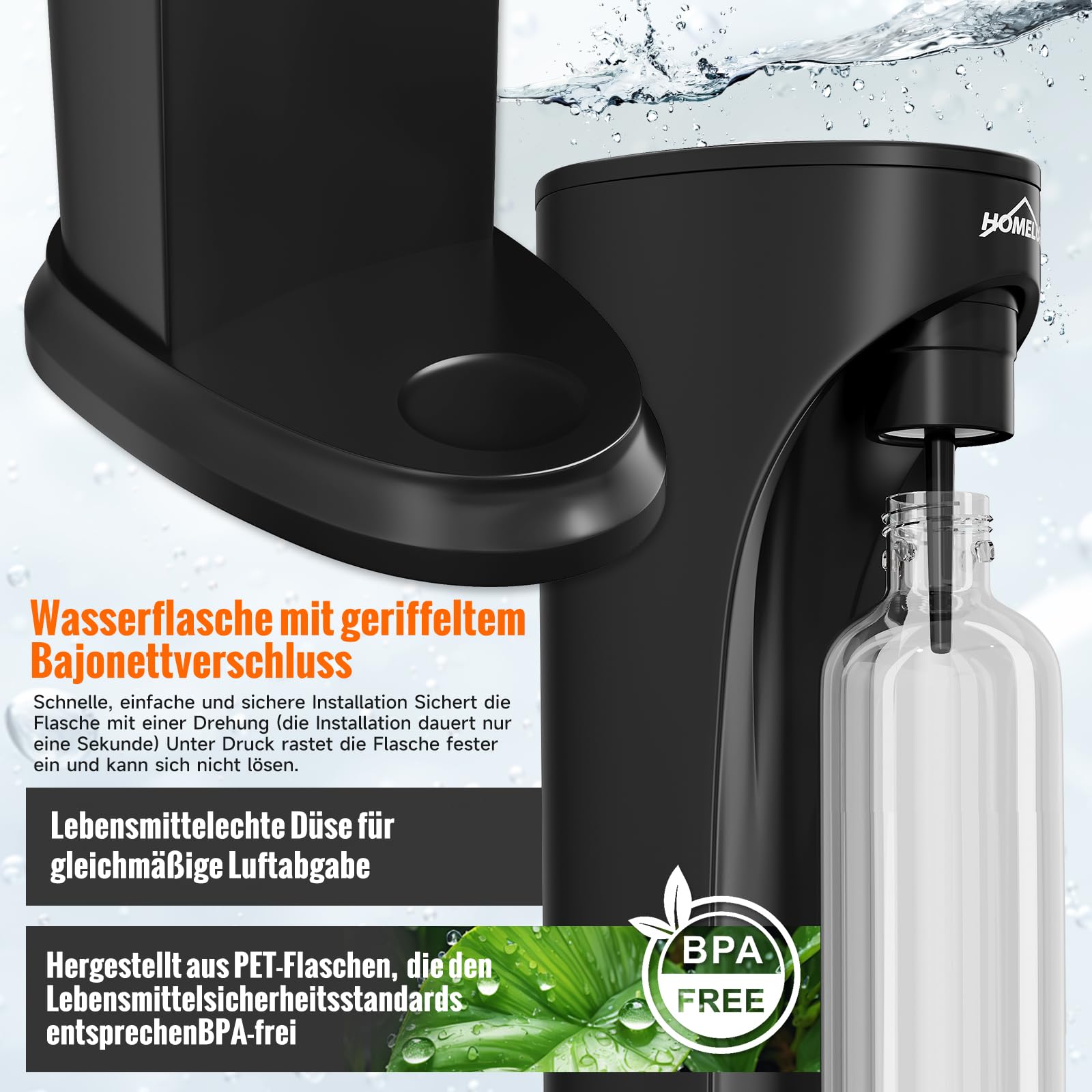 HOMELUX Saturator do wody gazowanej, z butelką PET bez BPA, urządzenie do sody gazowanej, węglan, do saturowania wody z kranu, czarny