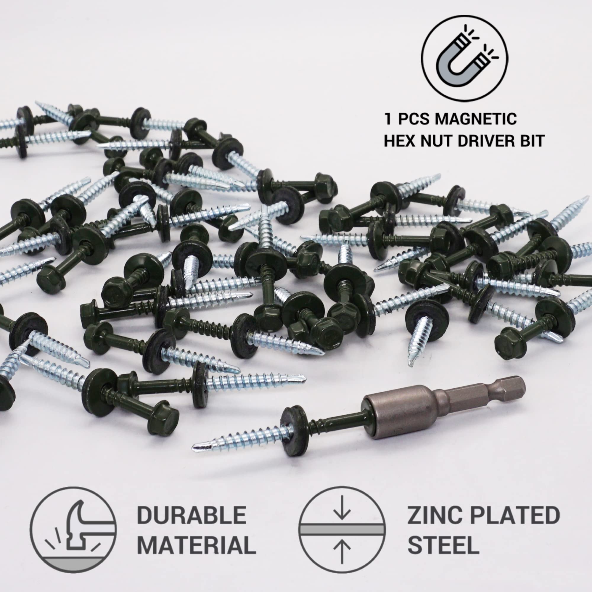 SKIR'CO (150 pcs) Painted Roofing Screws, 4.8 x 50 mm Self-Drilling Screws With EPDM Washers, Hex Head (Chrome Green, RAL 6020) - Image 3