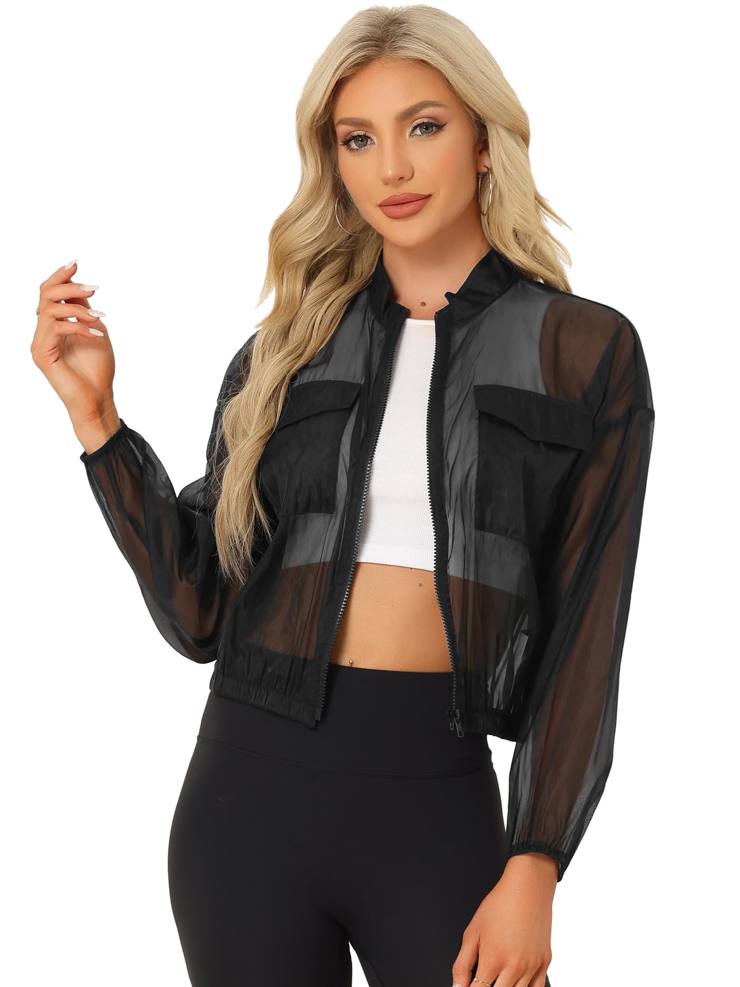 Allegra K Sheer Bomber Jacket for Women's Zip Up Long Sleeve See Through Jackets