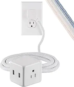 Cordinate 3-Outlet Extension Cord Cube with 2 USB Ports (2.4 AMPS), 5 Ft Braided Cord, Power Strip, Outlet Extender, Space-Saving Flat Plug, Perfect for Home or Office Decor, White, 55355